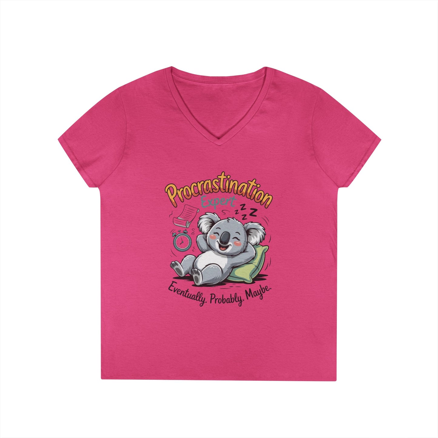 Procrastination Expert Ladies' V-Neck T-Shirt, Fun Tee for Lazy Days, Gift for Students, Casual Wear, Motivational Shirt, Cute Koala Design