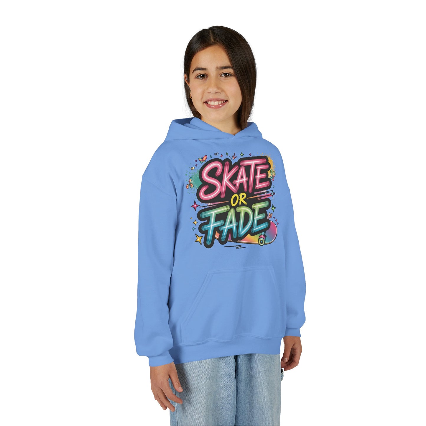 Youth Heavy Blend Hooded Sweatshirt, Skate Or Fade Girls Shirt, Colorful Graffiti Skateboarding Hoodie