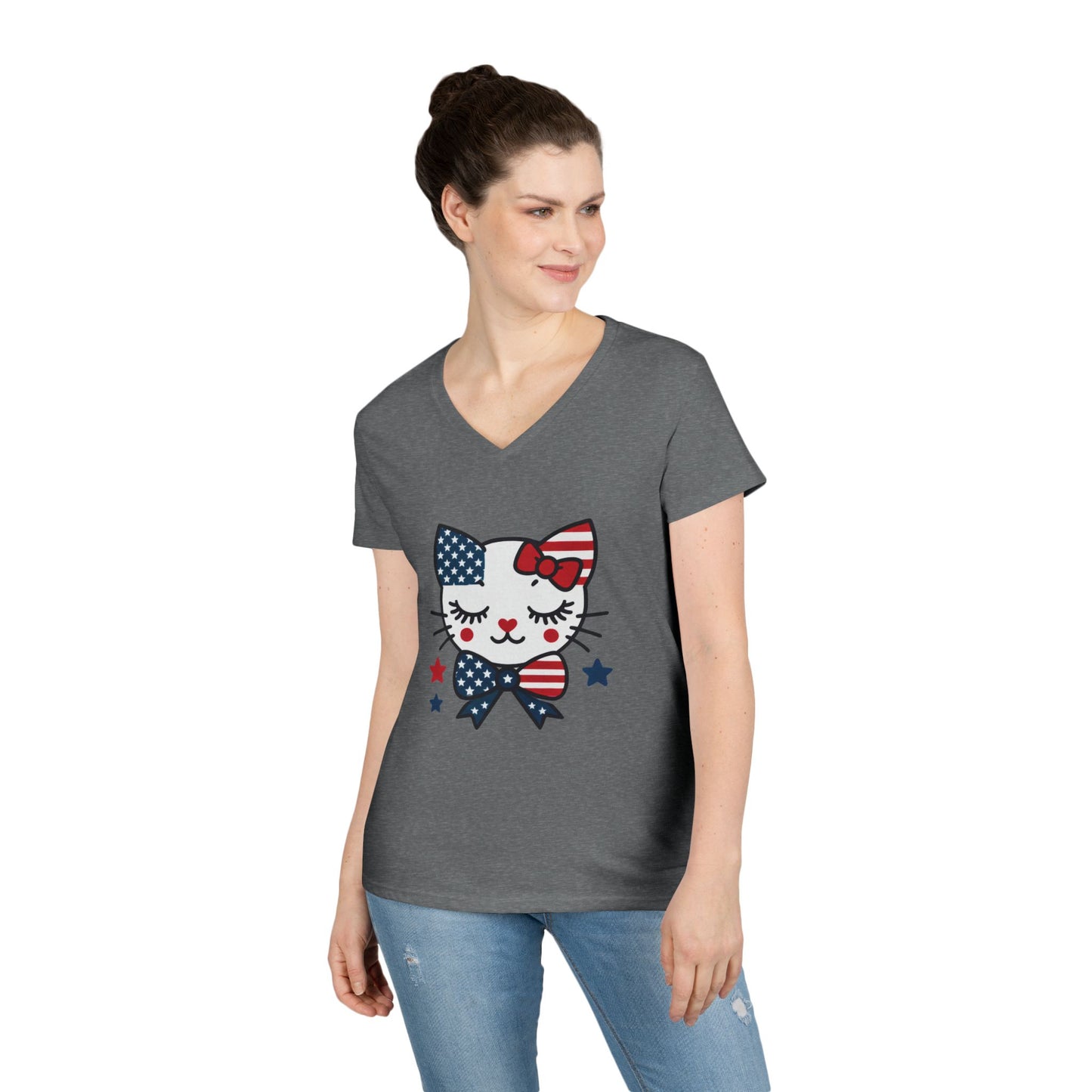 Patriotic Cat Ladies' V-Neck T-Shirt, Cute Tee, July 4th Top, Independence Day Shirt, Gift for Cat Lovers, Casual Summer Wear