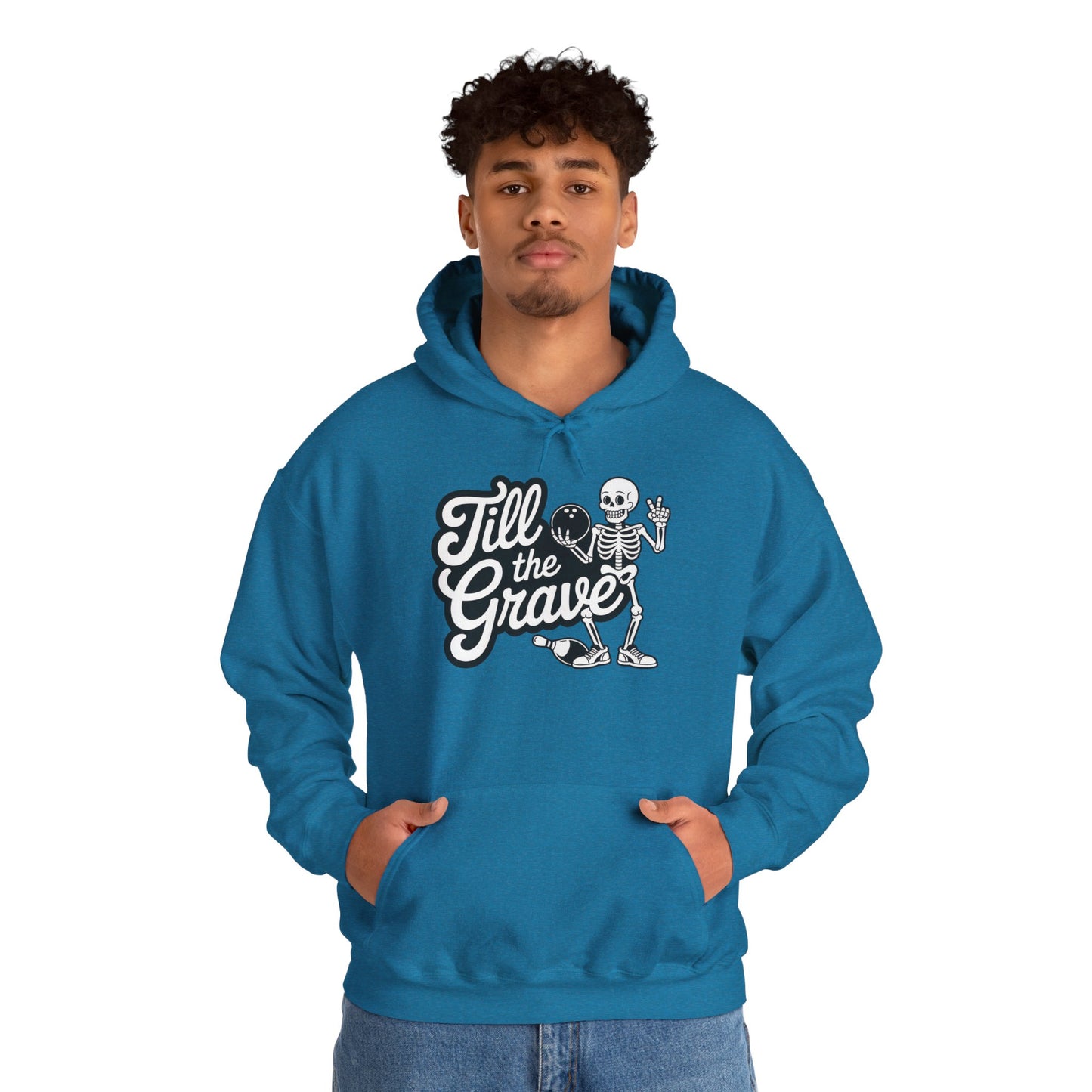 Funny Skeleton Bowling Mens Hoodie, Halloween Apparel, Funny Skeleton Bowling Shirt, Casual Mens Crewneck, Cool Bowler Skull Hoodie