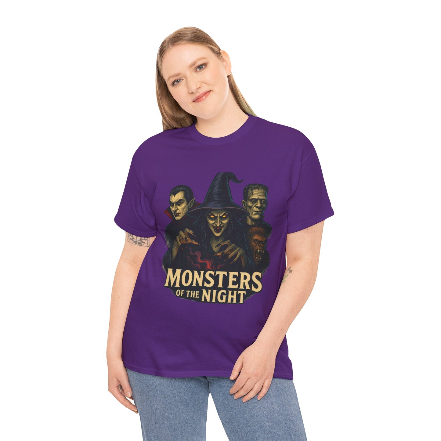 Monsters of the Night Women's T-Shirt, Classic Horror Witch, Vampire, Frankenstein Halloween Tee
