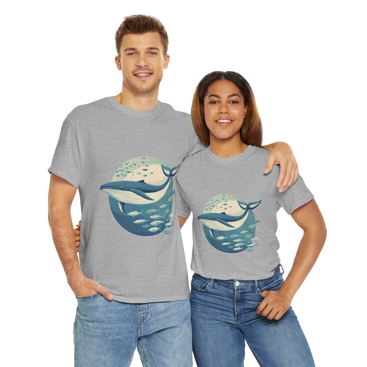 Whale and Fish Unisex Heavy Cotton Tee, Ocean Lover Shirt, Nature Tee, Sea Creature Gift, Casual Summer Top, Ocean Whale Graphic Tee