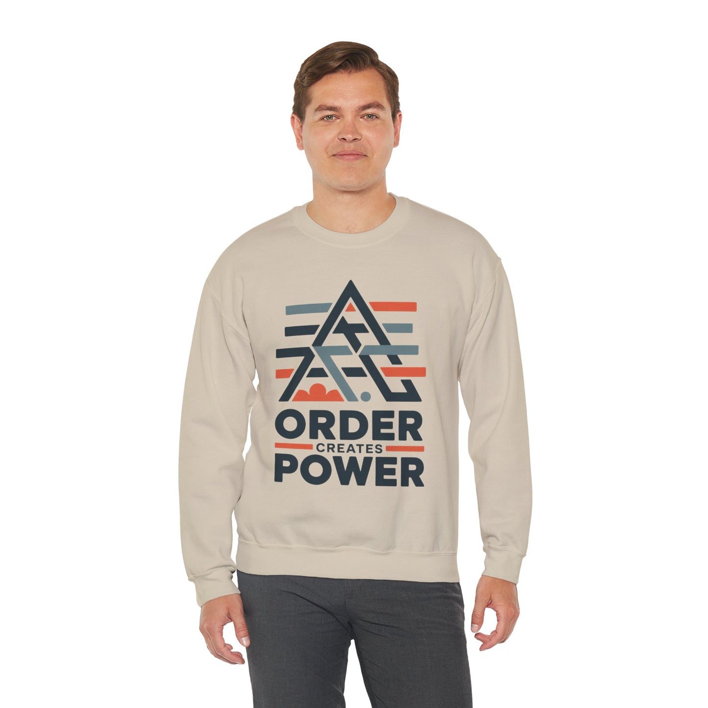 Men's Sweatshirt Order Creates Power, Minimal Geometric Motivational Graphic Pullover, Heavy Blend™ Crewneck Sweatshirt