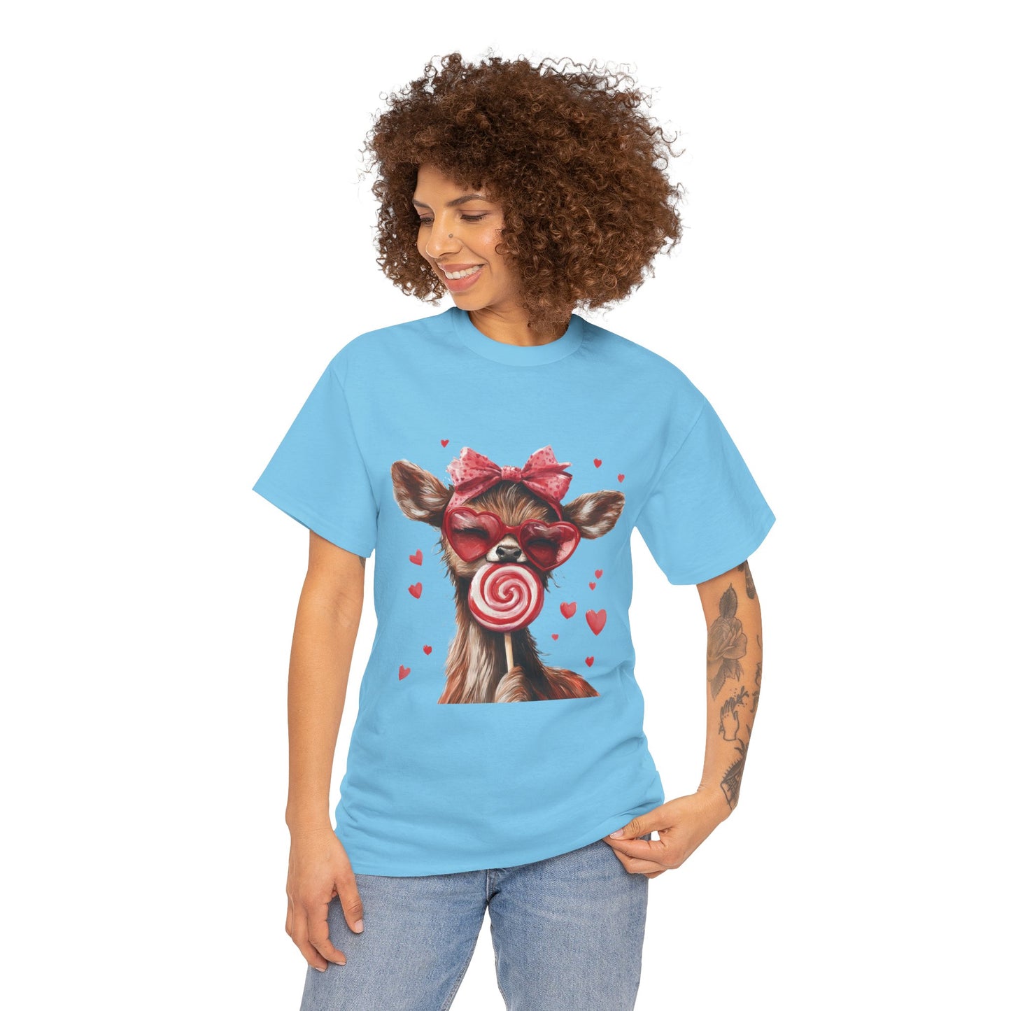 Cute Deer with Heart Glasses and Lollipop, Valentine's Day Heavy Cotton Tee, Fun Animal Love Shirt Gift for Her, Animal Lovers Shirt