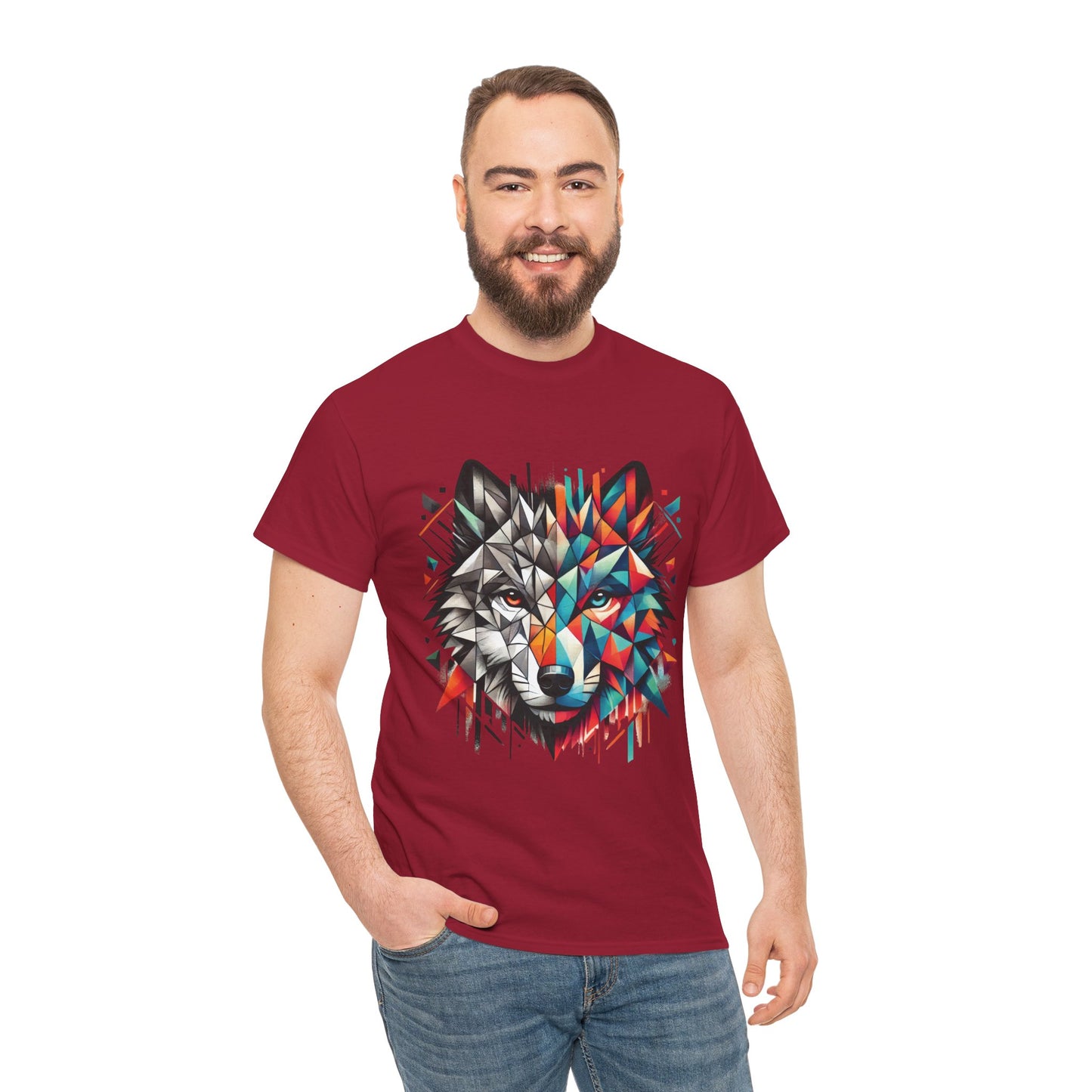 Geometric Wolf Tee, Heavy Cotton T-Shirt, Wildlife Lover Apparel, Unique Nature Wear, Artistic Wolf Design Tee