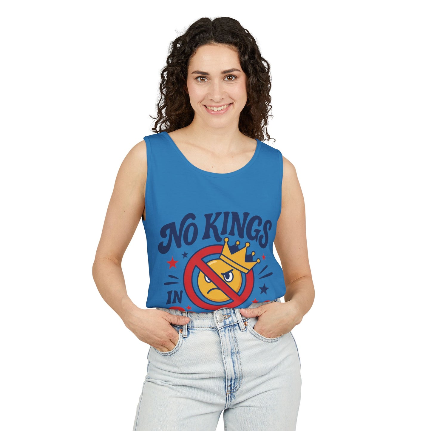 No Kings in America Tank Top - Funny Patriotic Anti Monarchy Sleeveless Shirt - USA Freedom Top, Unisex Summer Apparel, USA Independence Day