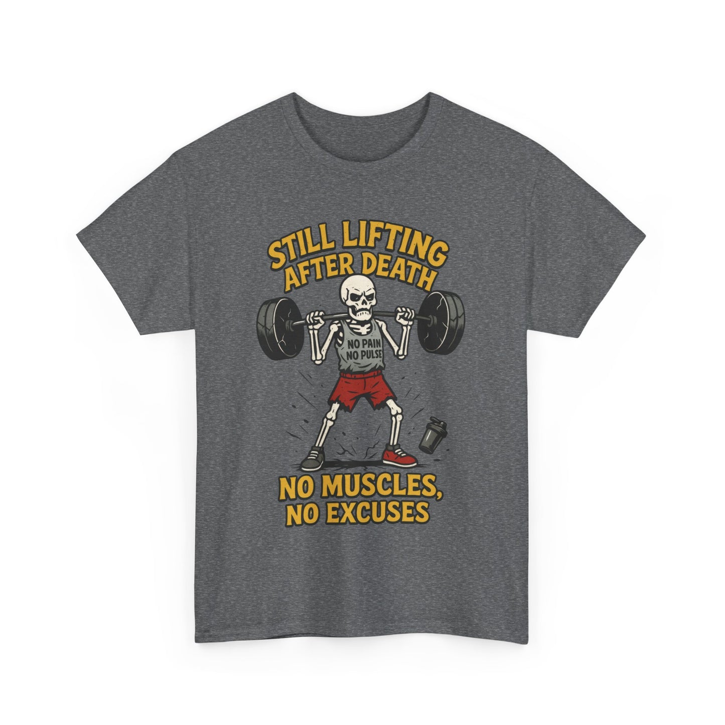 Funny Skeleton Gym T-Shirt, Still Lifting After Death, Funny Workout Shirt for Men, Fitness Gift, Halloween Apparel, Unisex Cotton Tee