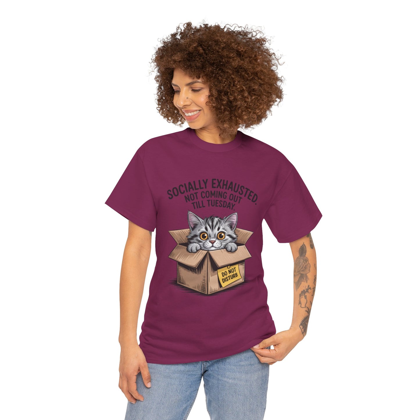 Socially Exhausted Cat Women's Tee, Funny Cat Shirt, Women's Graphic Tee, Gift for Introverts, Cute Animal T-Shirt, Weekend Wear