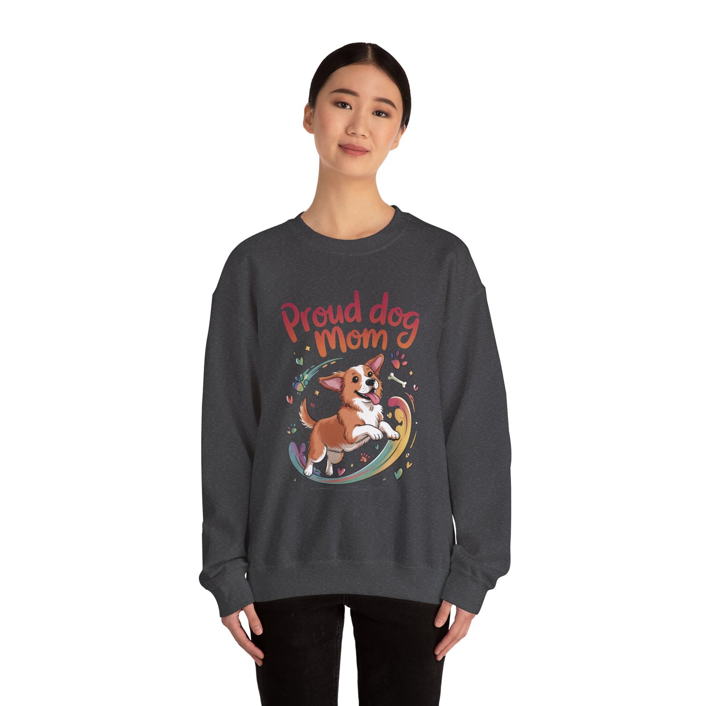 Proud Dog Mom Crewneck Sweatshirt, Pet Lover Gift, Dog Mom Apparel, Animal Lover Clothing, Gift for Dog Moms, Puppy Paw Rainbow Print