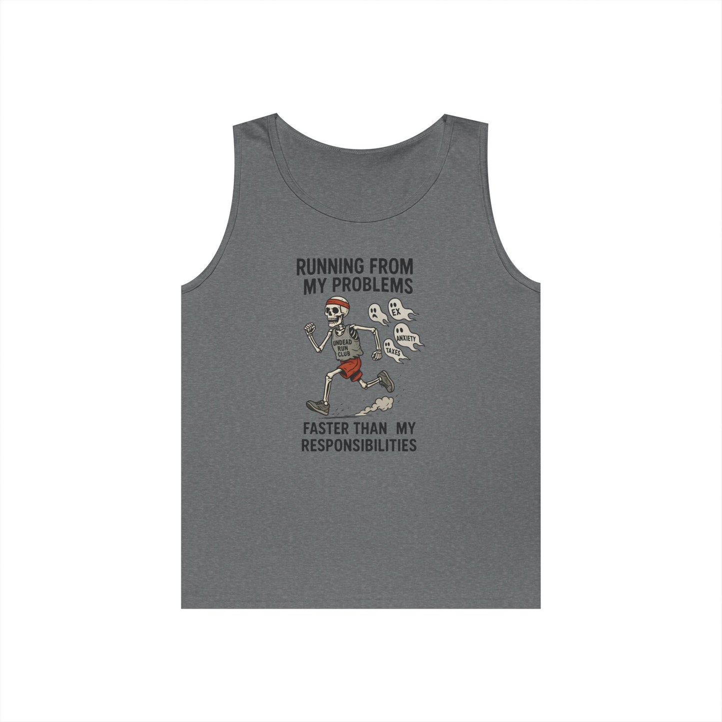 Skeleton Runner Tank for Men, Undead Jogging Club Tee, Halloween T-Shirt, Gift for Runners, Anxiety Humor Gift, Funny Graphic Tank Top