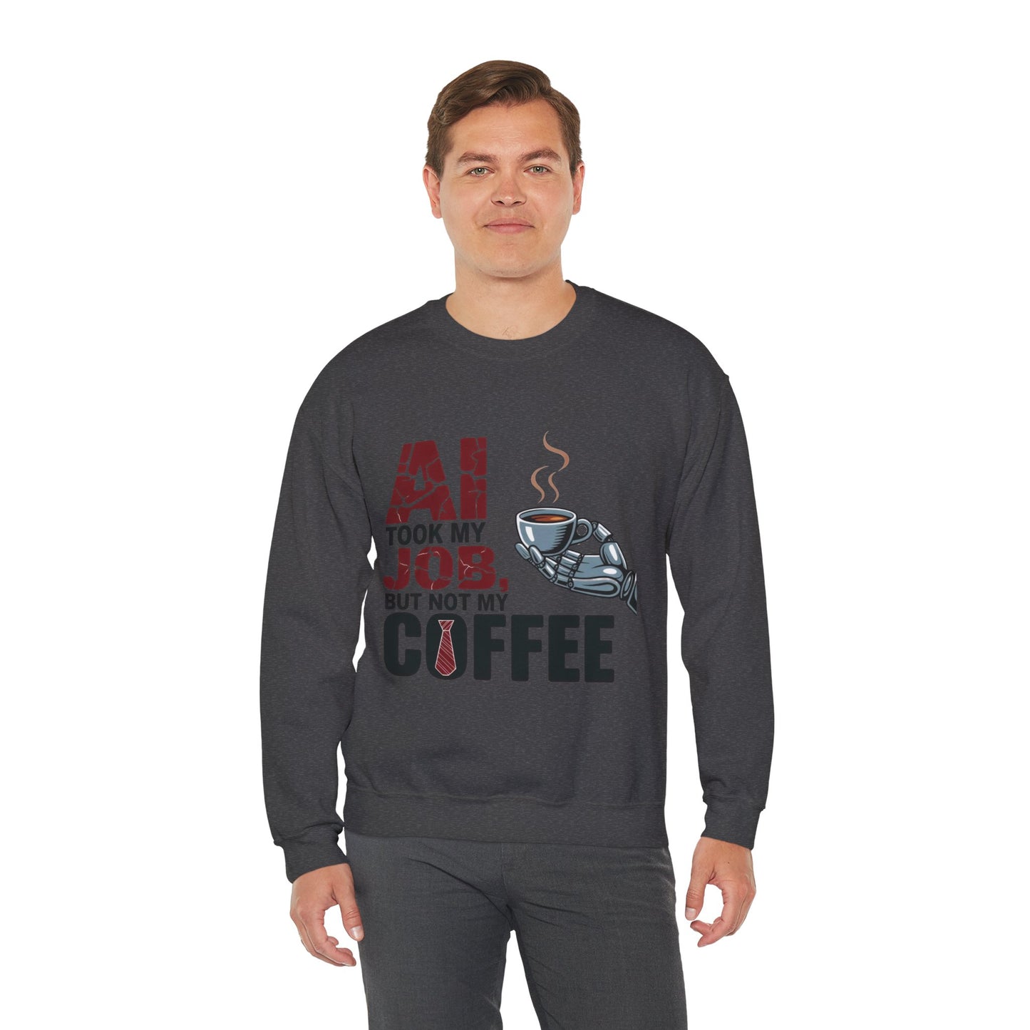 Men's AI Coffee Sweatshirt, Funny Robot Humor Pullover, Geek Sarcastic Job Joke Top, Men's Heavy Blend™ Crewneck Sweatshirt, Office Humor