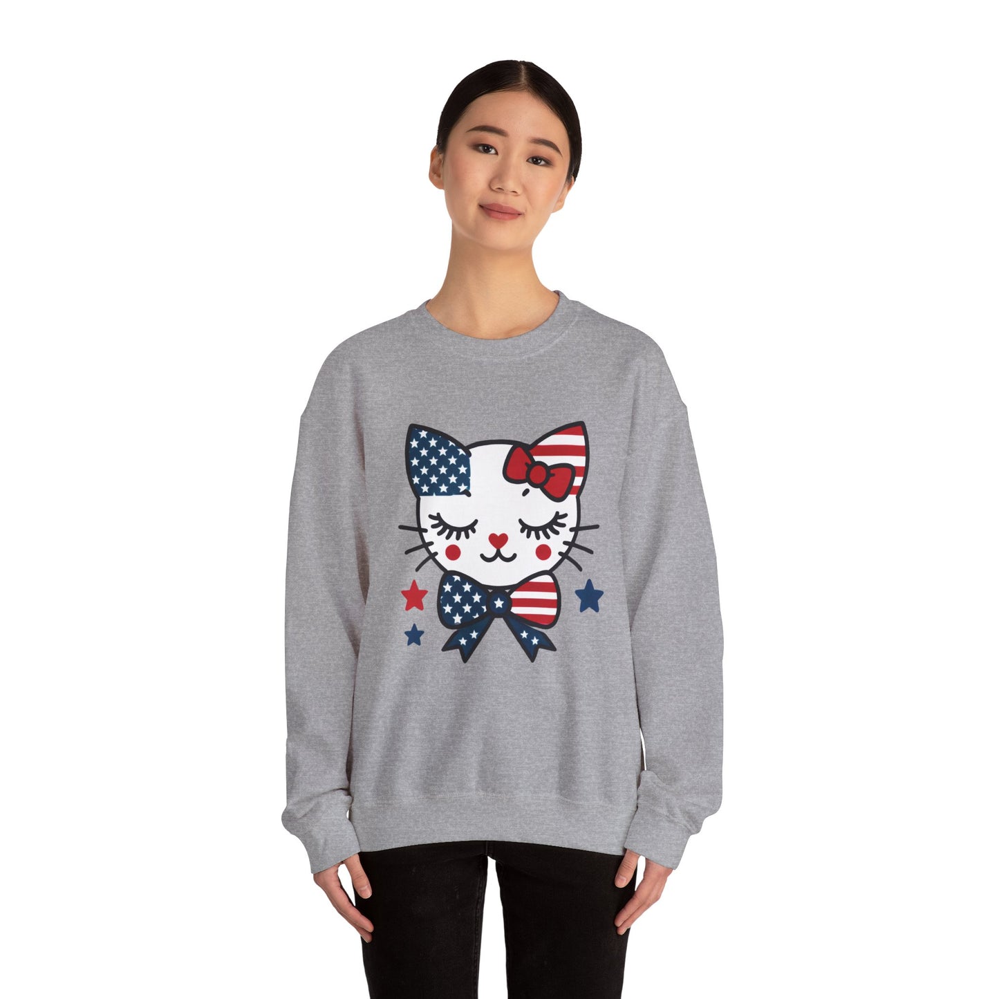 Cute Cat American Flag Sweatshirt, Women's Crewneck, Perfect for 4th of July, Women's Casual Wear, Cat Lovers Gifts