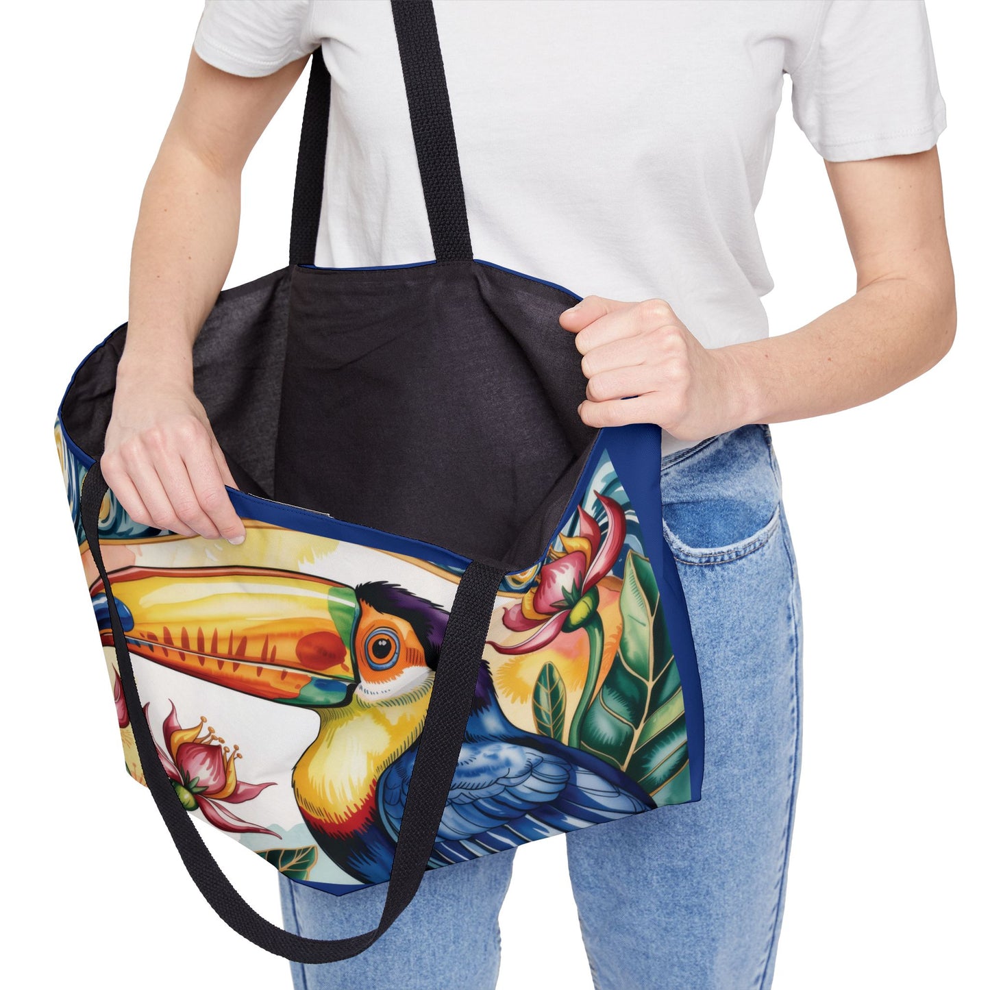 Tropical Toucan Weekender Tote Bag, Vibrant Tropical Weekend Tote with Flowers, Summer Vacation Bag, Large Canvas Bag for Pool & Beach