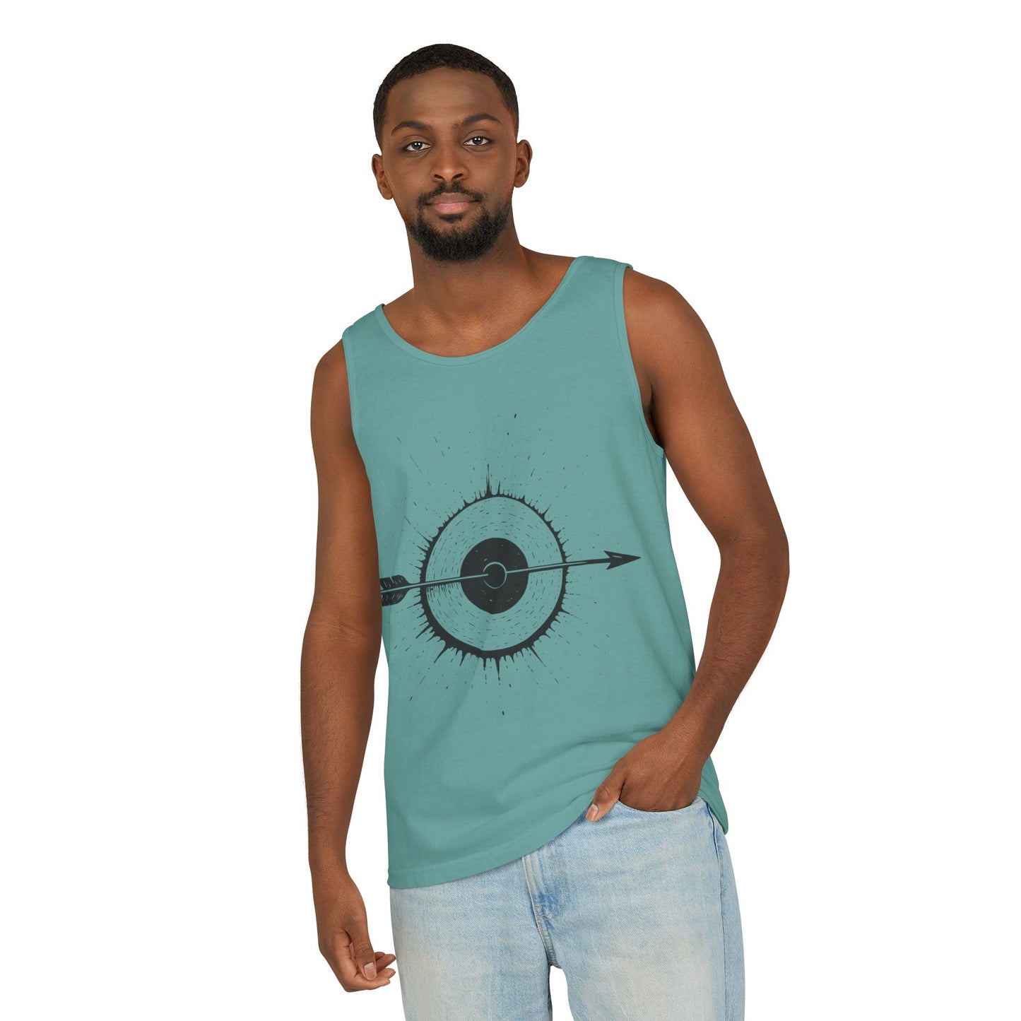 Mens Garment-Dyed Tank Top with Target Arrow Design, Casual Wear, Summer Essentials, Gym Wear, Gifts for Archery Lovers