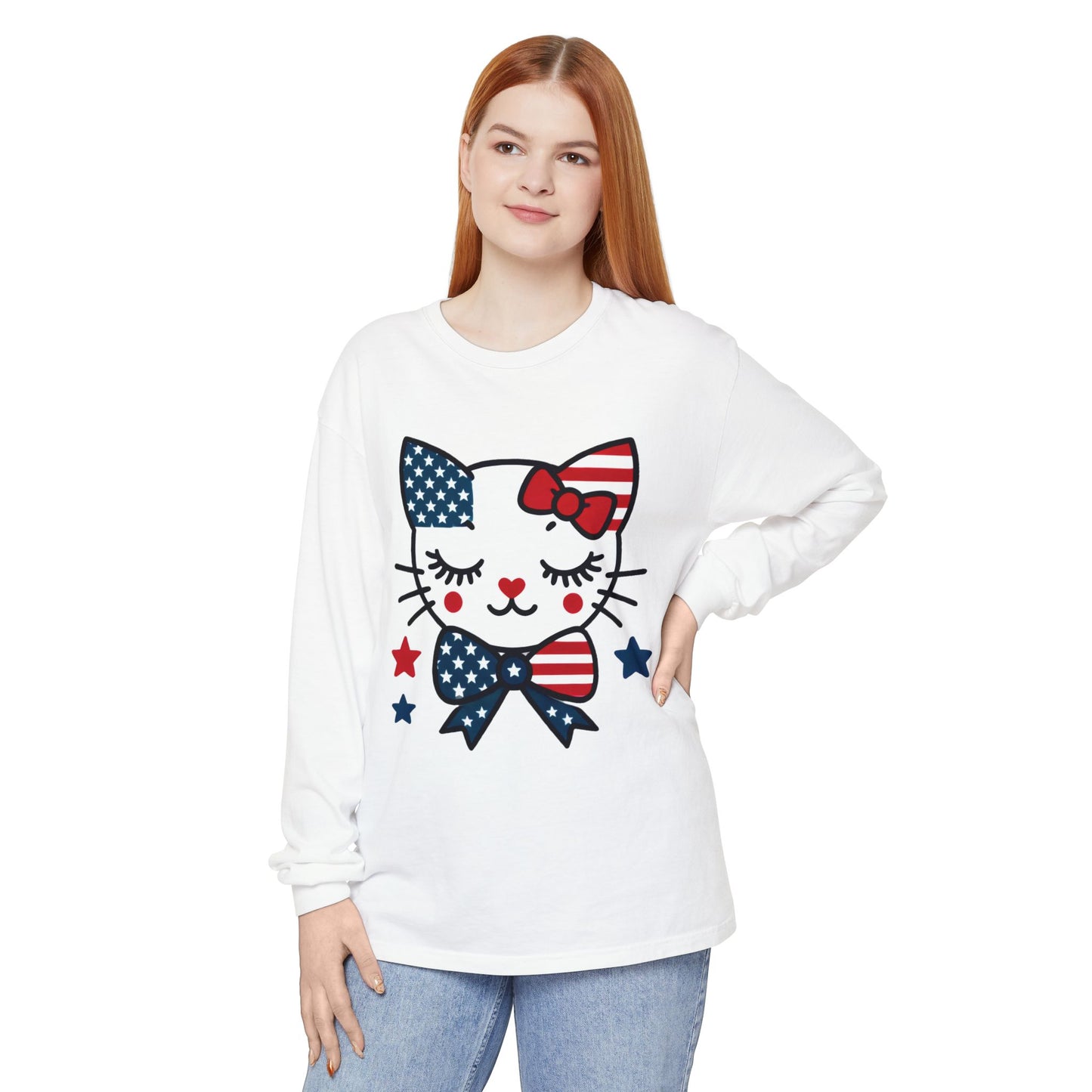 Patriotic Cat Long Sleeve T-Shirt, Women's Tee, Perfect for Fourth of July, Animal Lover Gift, Cozy Casual Wear, Holiday Apparel