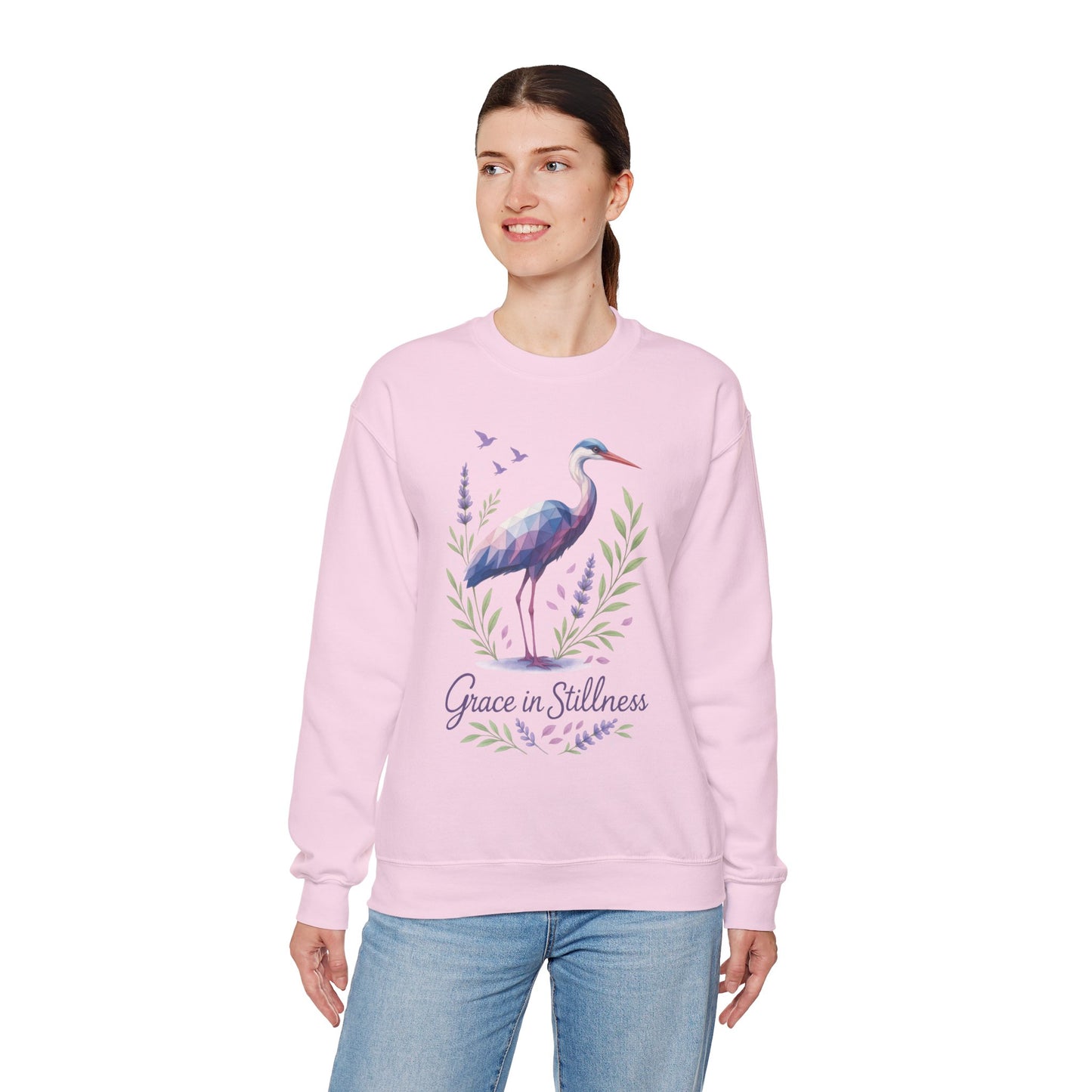 Polygonal Heron Graphic Sweatshirt, Women's Artistic Bird Crewneck, Nature-Inspired Minimalist Design, Geometric Crane, Bird Lovers Gift