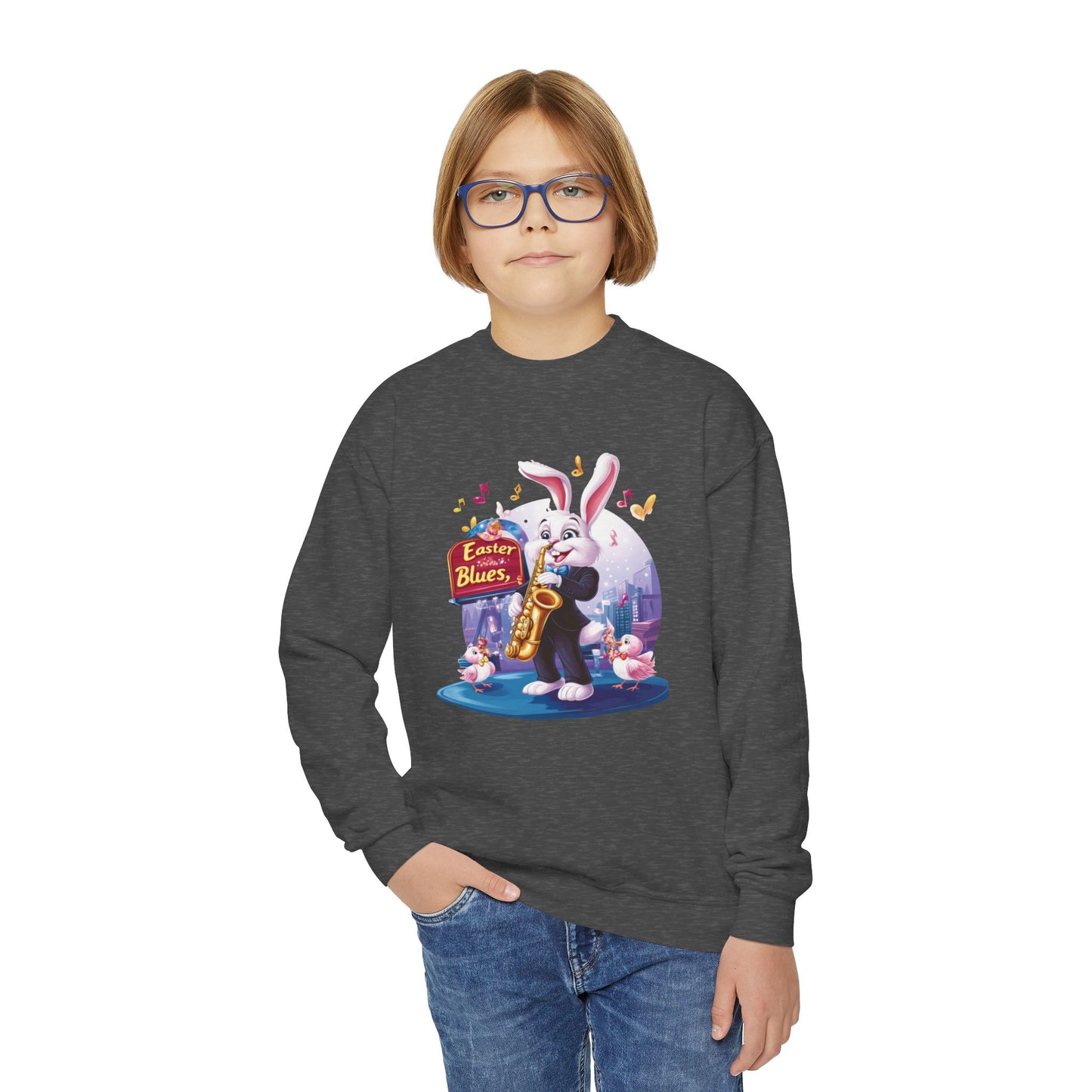 Jazz Bunny Easter Kids Sweatshirt - Cute Saxophone Playing Bunny Design, Fun Spring Crewneck, Holiday Gift for Boys and Girls