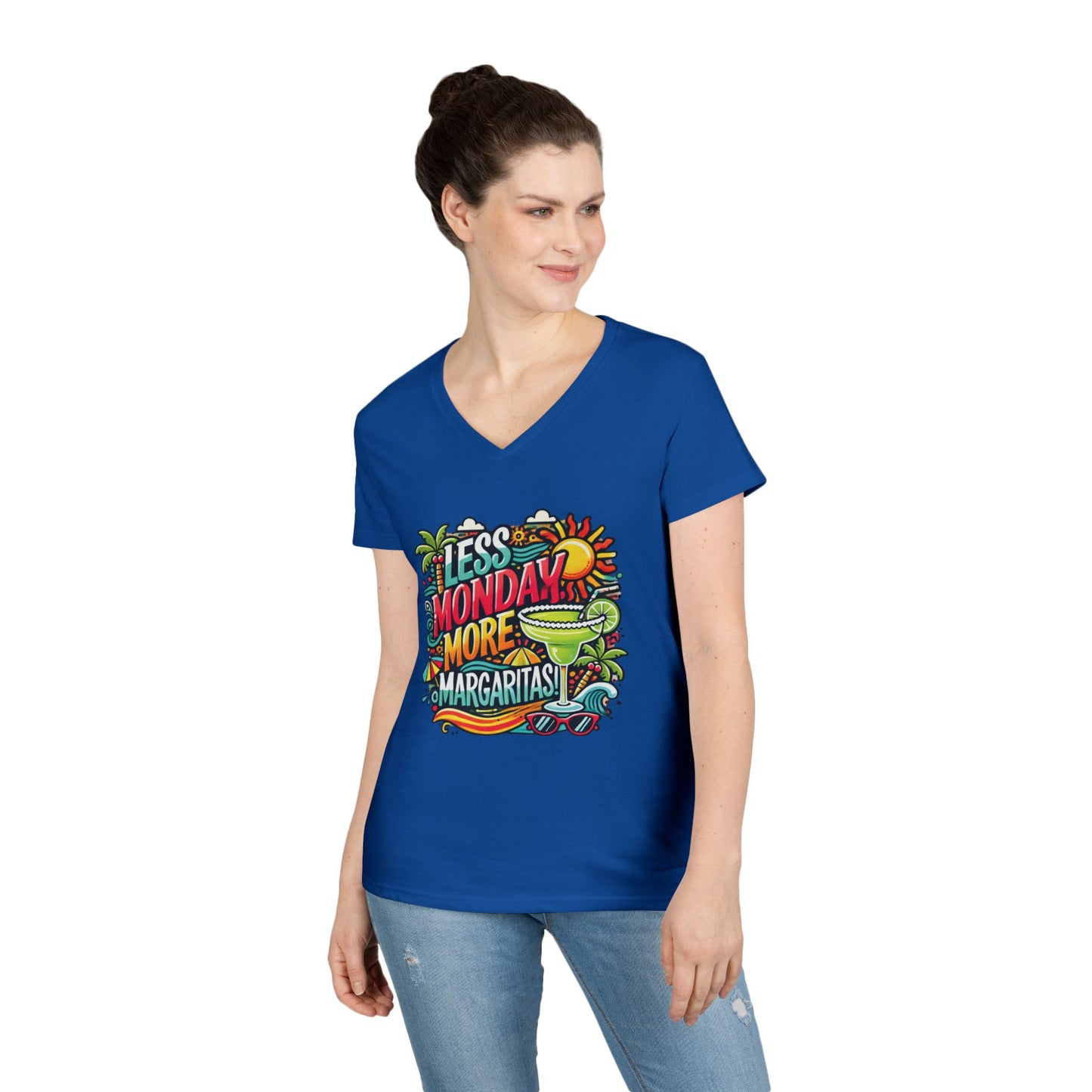 Less Monday More Margaritas Ladies' V-Neck T-Shirt, Funny Summer Cocktail Shirt, Tropical Vacation Tee for Women, Party Tee, Weekend Vibes