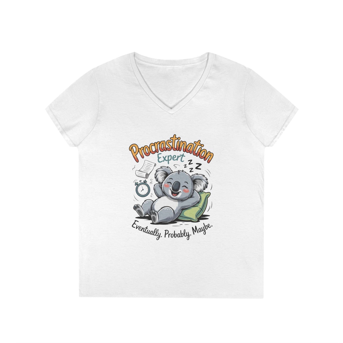 Procrastination Expert Ladies' V-Neck T-Shirt, Fun Tee for Lazy Days, Gift for Students, Casual Wear, Motivational Shirt, Cute Koala Design