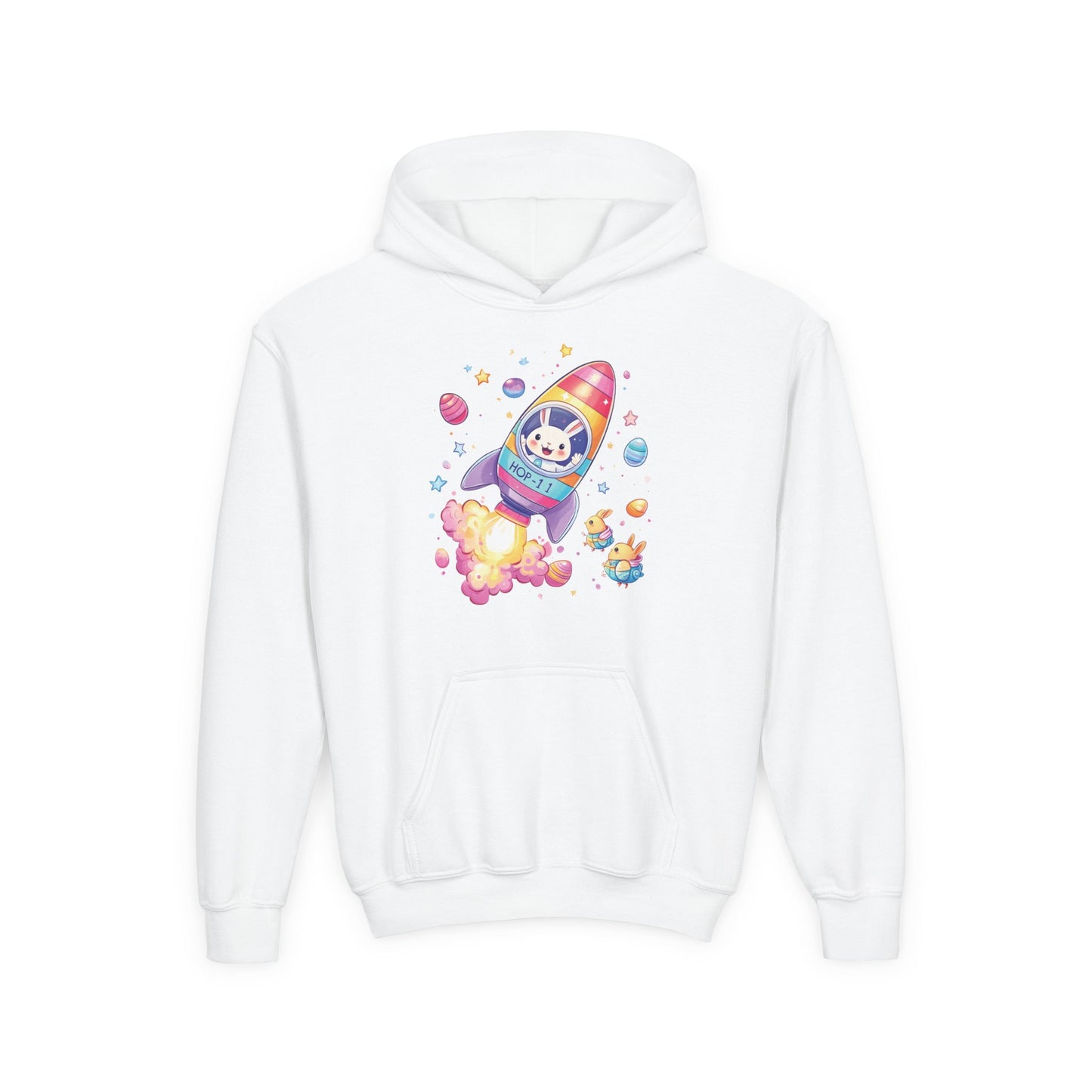 Easter Astronaut Bunny Kids Hoodie - Rocket Bunny Design with Colorful Eggs, Fun Space Adventure Sweatshirt for Spring and Holiday Gifts