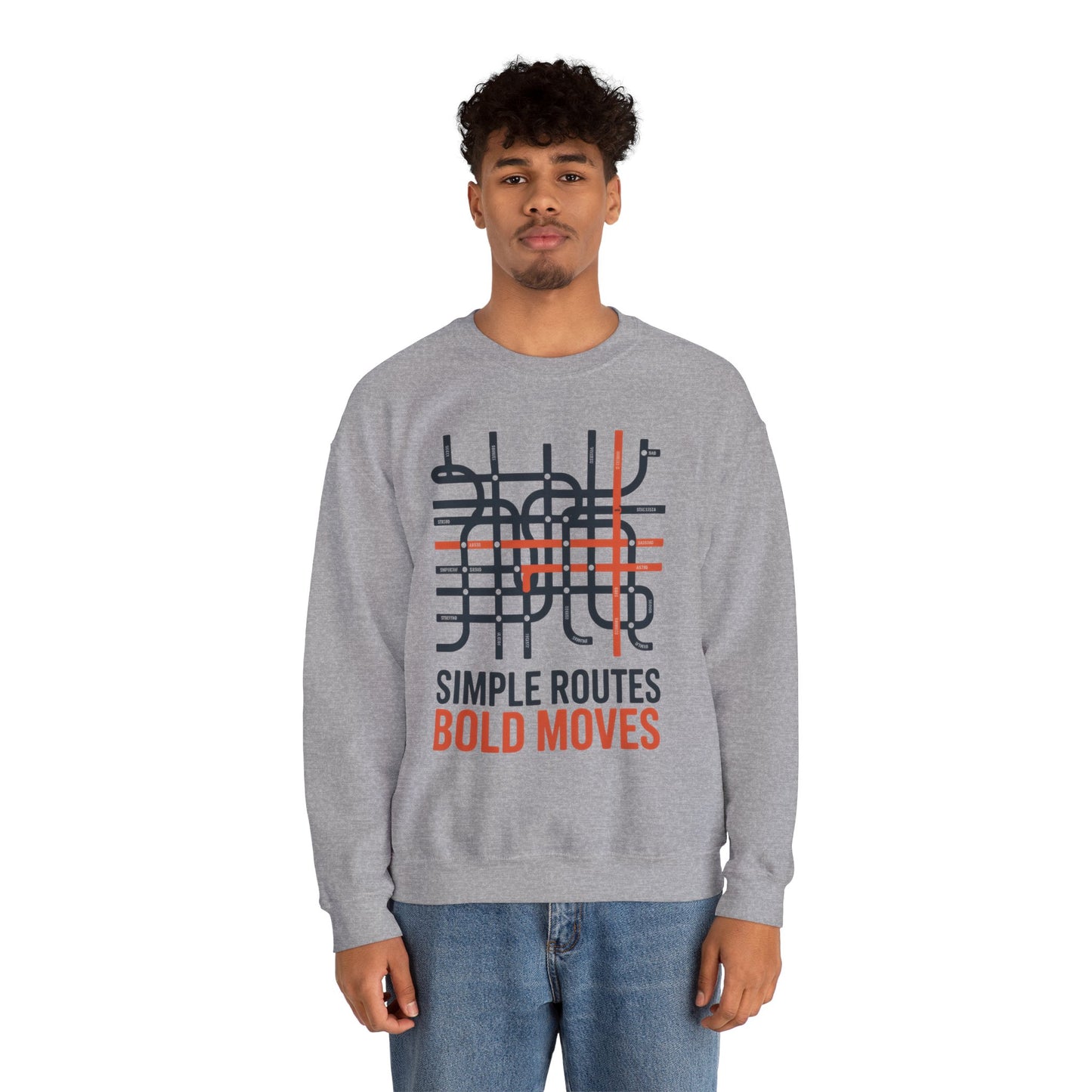 Men's Heavy Blend™ Crewneck Sweatshirt, Simple Routes Bold Moves Sweatshirt, Minimalist Metro Map Graphic Pullover