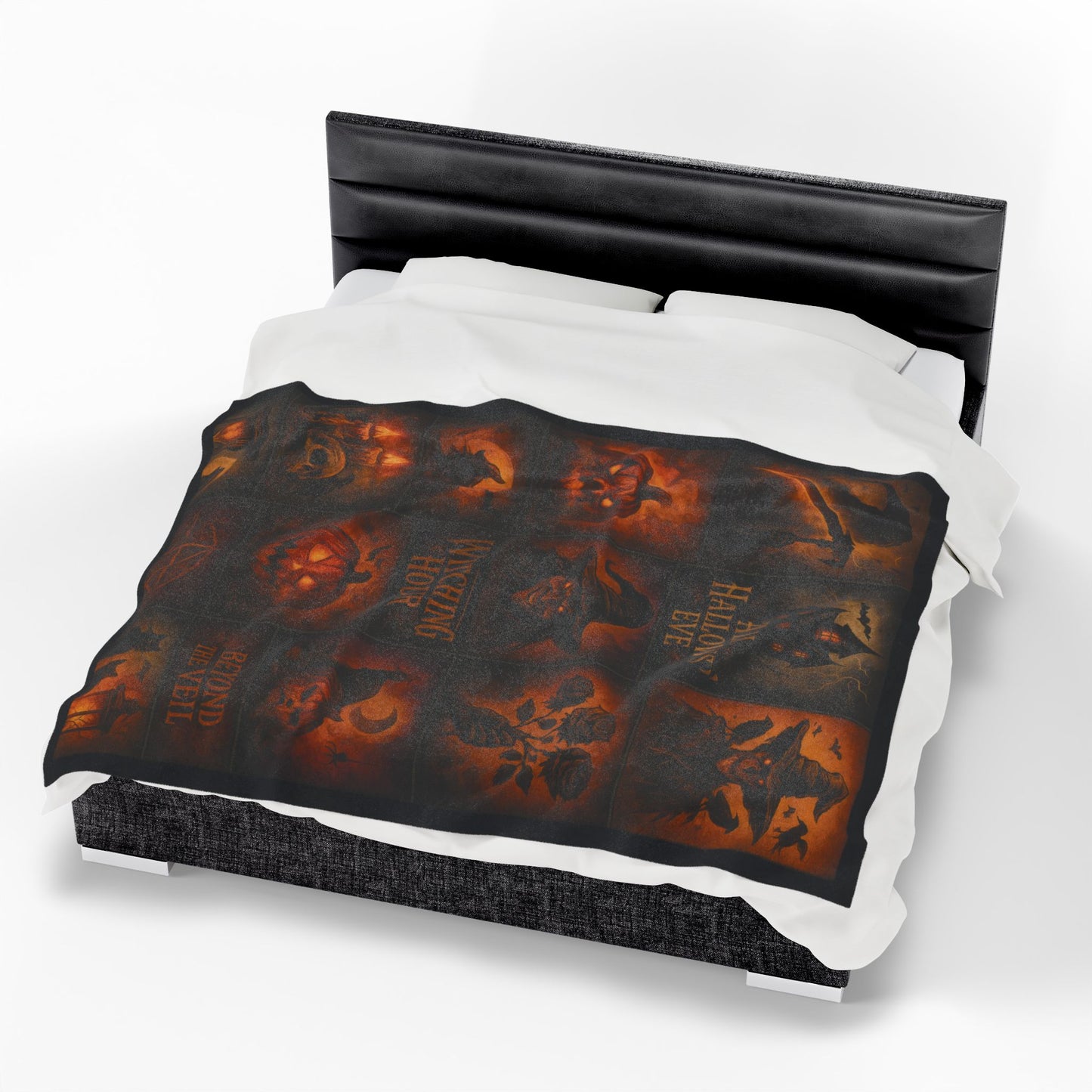 Gothic Halloween Velveteen Plush Blanket, Dark Fantasy Horror Throw, All Hallows Eve Witch Pumpkin Skull Blanket, Spooky Gothic Home Décor