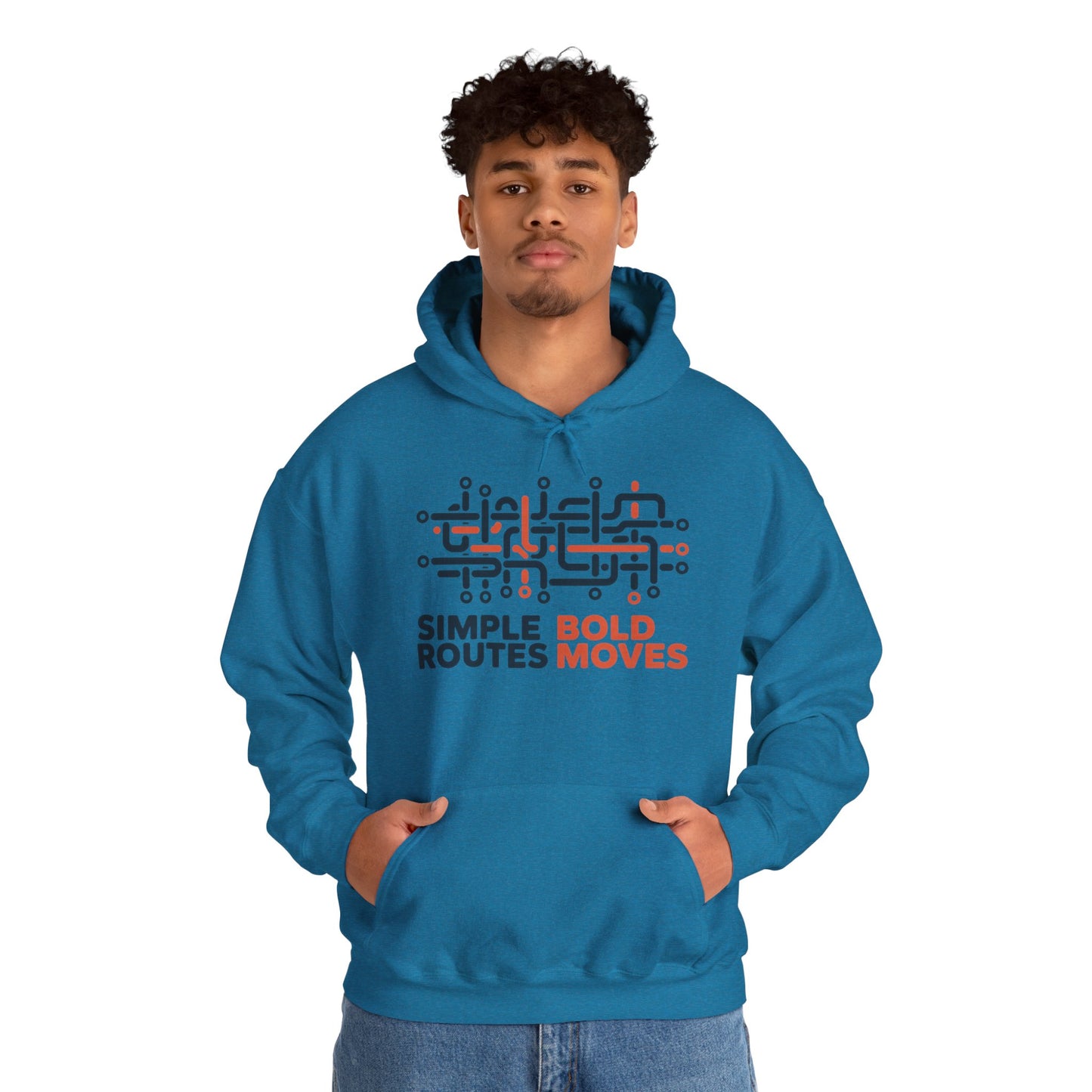 Men's Heavy Blend™ Hooded Sweatshirt, Simple Routes Bold Moves Hoodie, Unisex Metro Map Graphic, Urban Streetwear