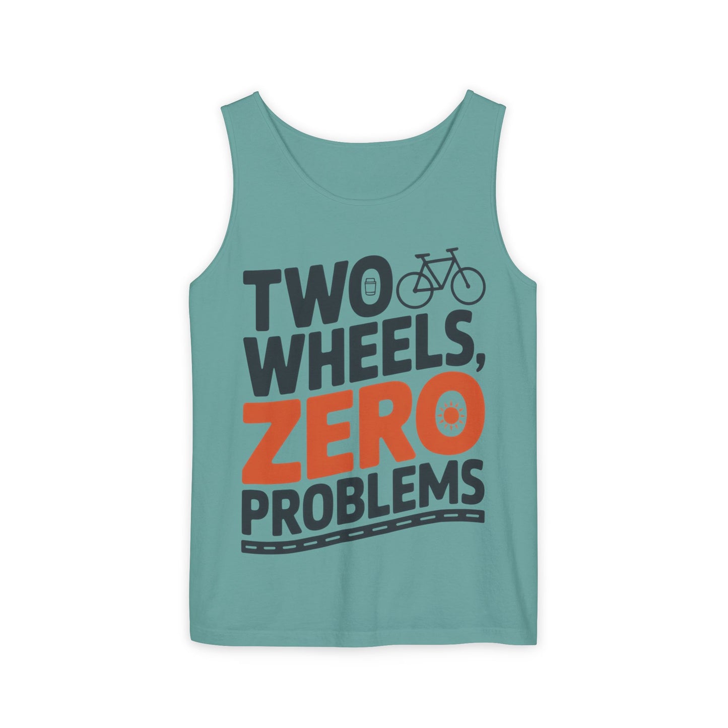 Mens Garment-Dyed Tank Top, Two Wheels Zero Problems Mens Cycling Graphic Tank, Gift for Cyclists