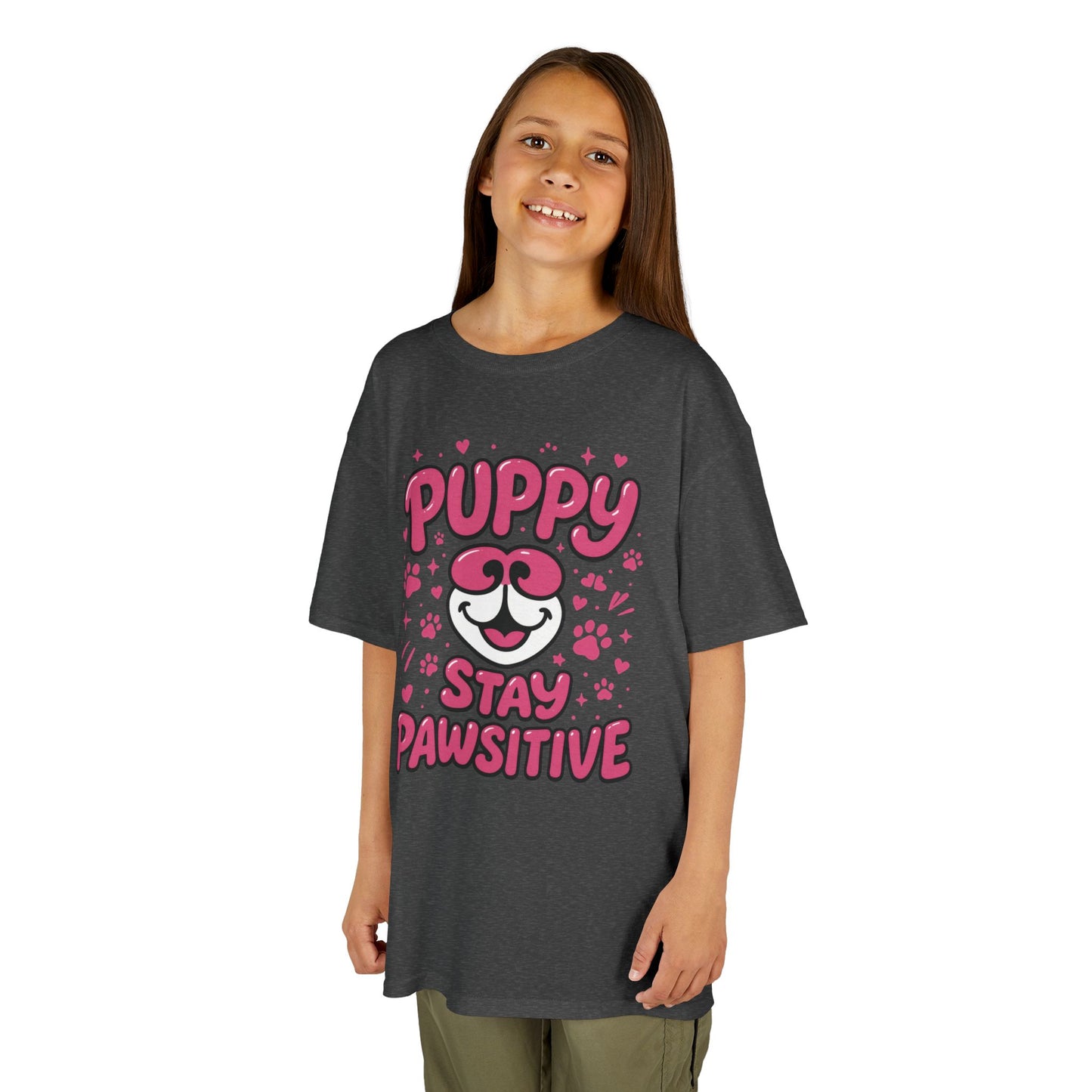 Puppy Stay Pawsitive Youth T-Shirt - Cute Positive Dog Shirt for Teens - Fun Puppy Paw Graphic Kids Tee, Kids Gift, Pet Lover Shirt