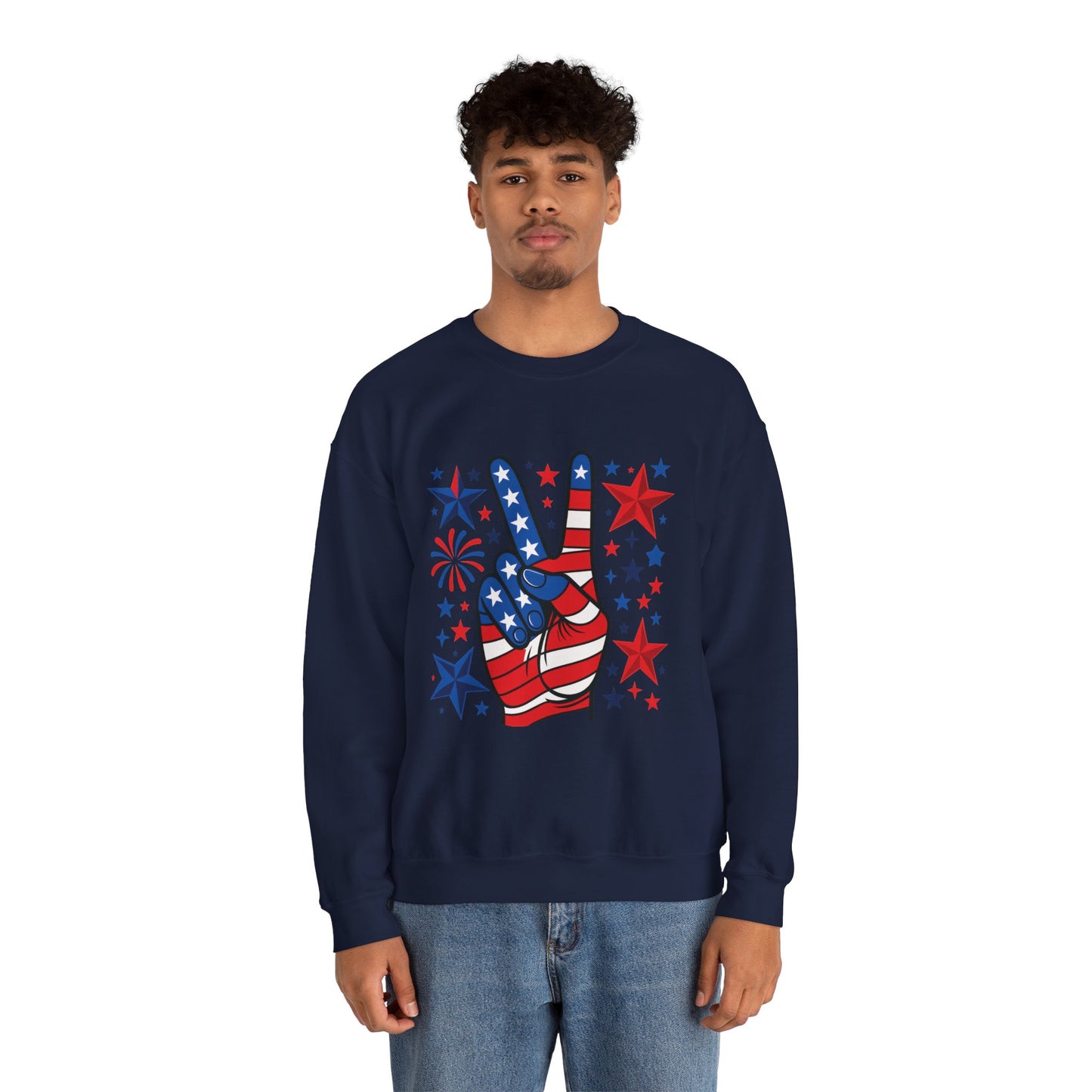 Patriotic Peace Crewneck Sweatshirt - Unisex Heavy Blend, 4th of July Clothing, Peace Sign Design, Casual Wear, Gift for Him/Her