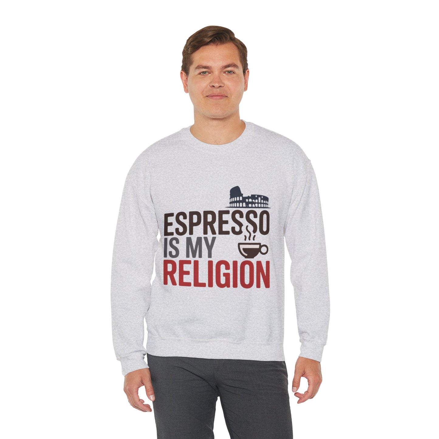 Mens Heavy Blend™ Crewneck Sweatshirt, Espresso Is My Religion Coffee Rome Mens Sweatshirt, Barista Gift, Coffee Lover Gift