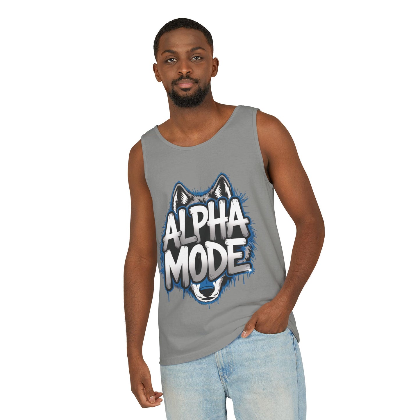 Mens Garment-Dyed Tank Top, Alpha Mode Wolf Graphic Mens Tank Top Gym Wear
