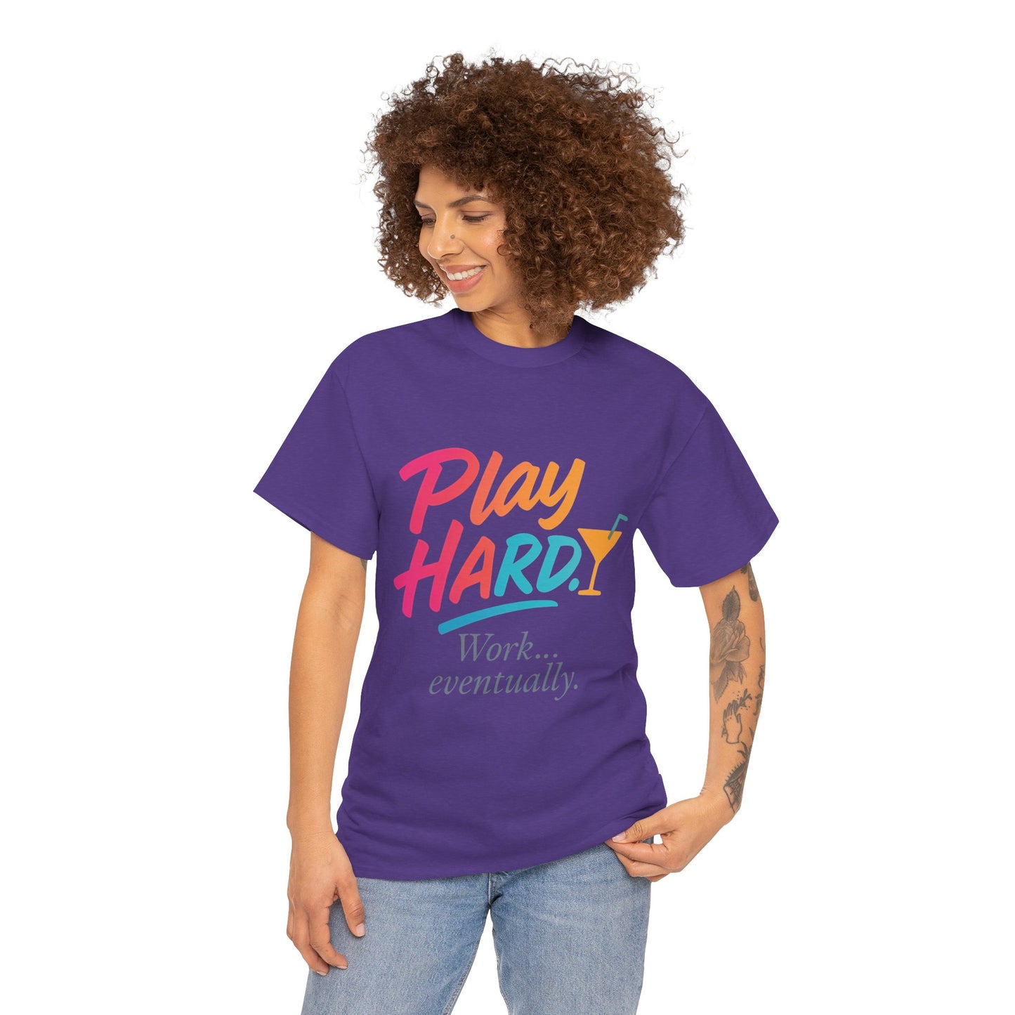 Play Hard Work Eventually T-Shirt, Funny Cocktail Graphic Tee, Pink Womens Party Shirt, Relaxed Vacation Top