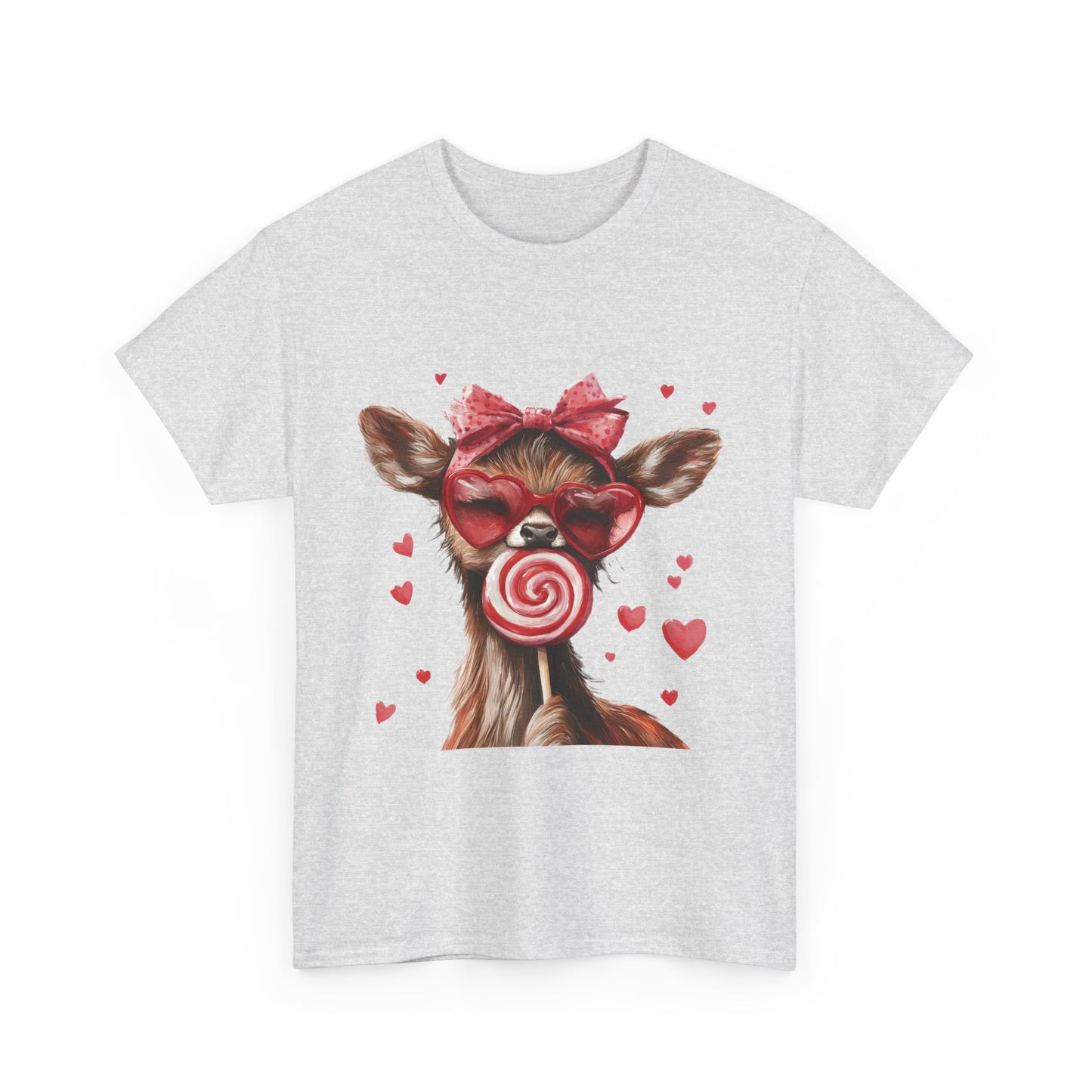 Cute Deer with Heart Glasses and Lollipop, Valentine's Day Heavy Cotton Tee, Fun Animal Love Shirt Gift for Her, Animal Lovers Shirt
