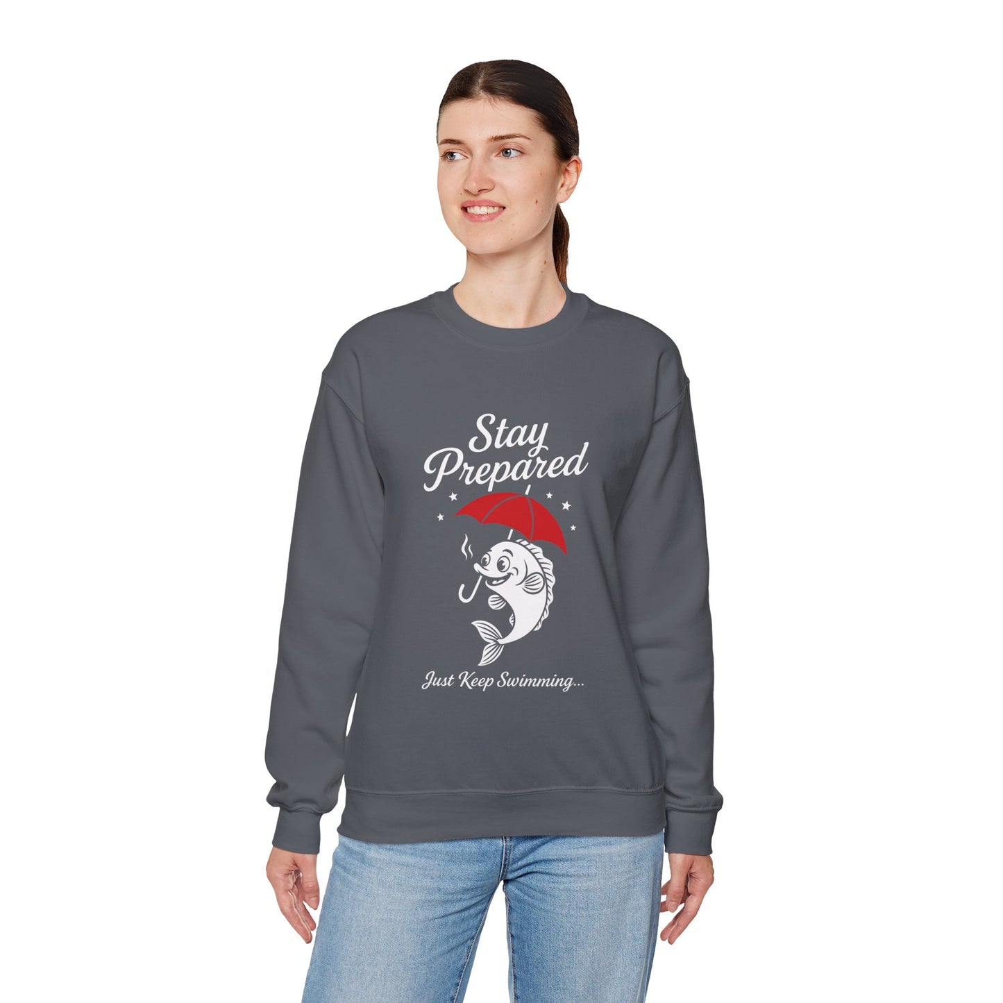Funny Fish Womens Crewneck Sweatshirt - Stay Prepared Just Keep Swimming Nautical Pullover - Cozy Positive Gift, Fishing Humor