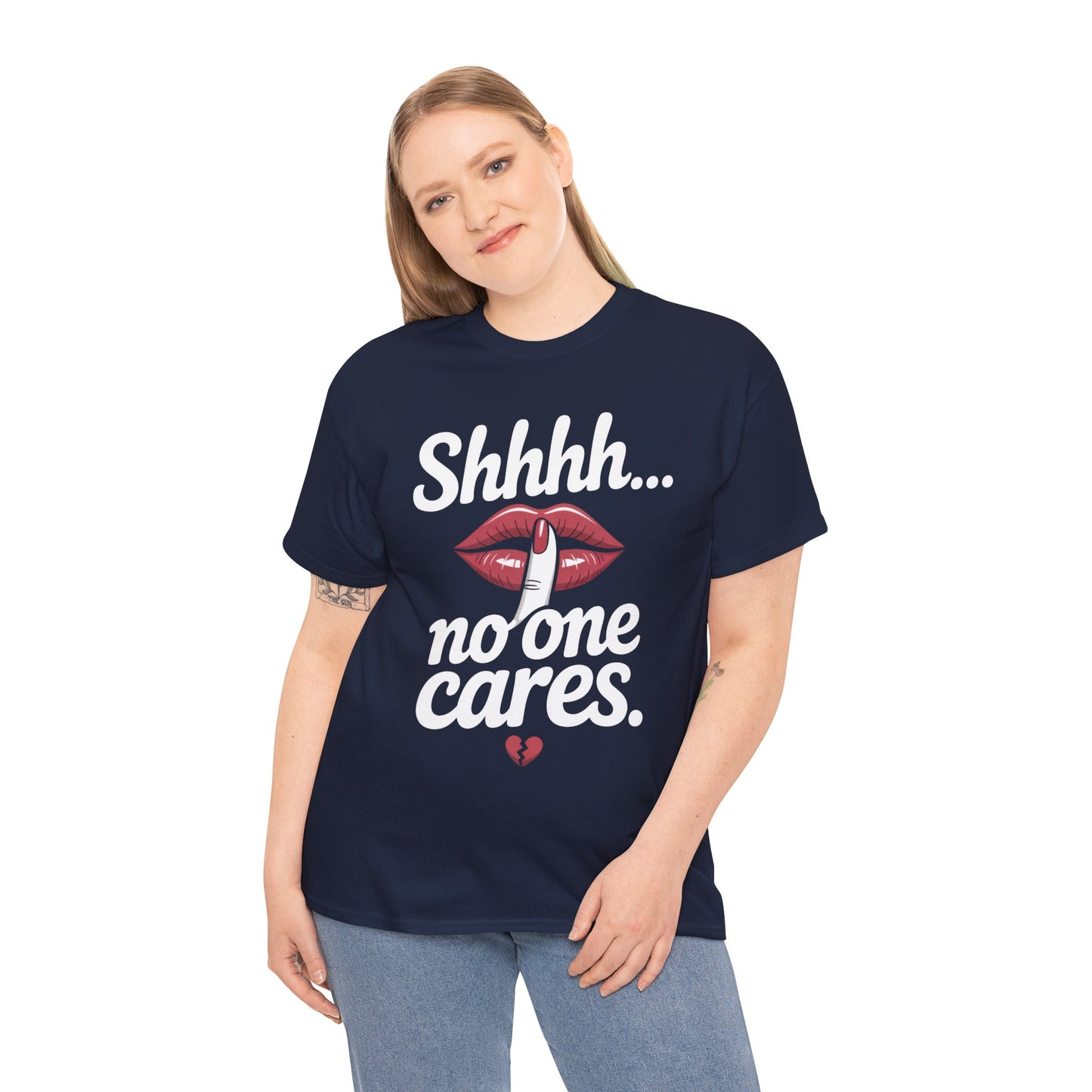 Shhh No One Cares Shirt, Sassy Funny Graphic Tee for Women, Sarcastic Lips Tank Top, Bold Attitude T-Shirt, Tee with Bold Statement Design