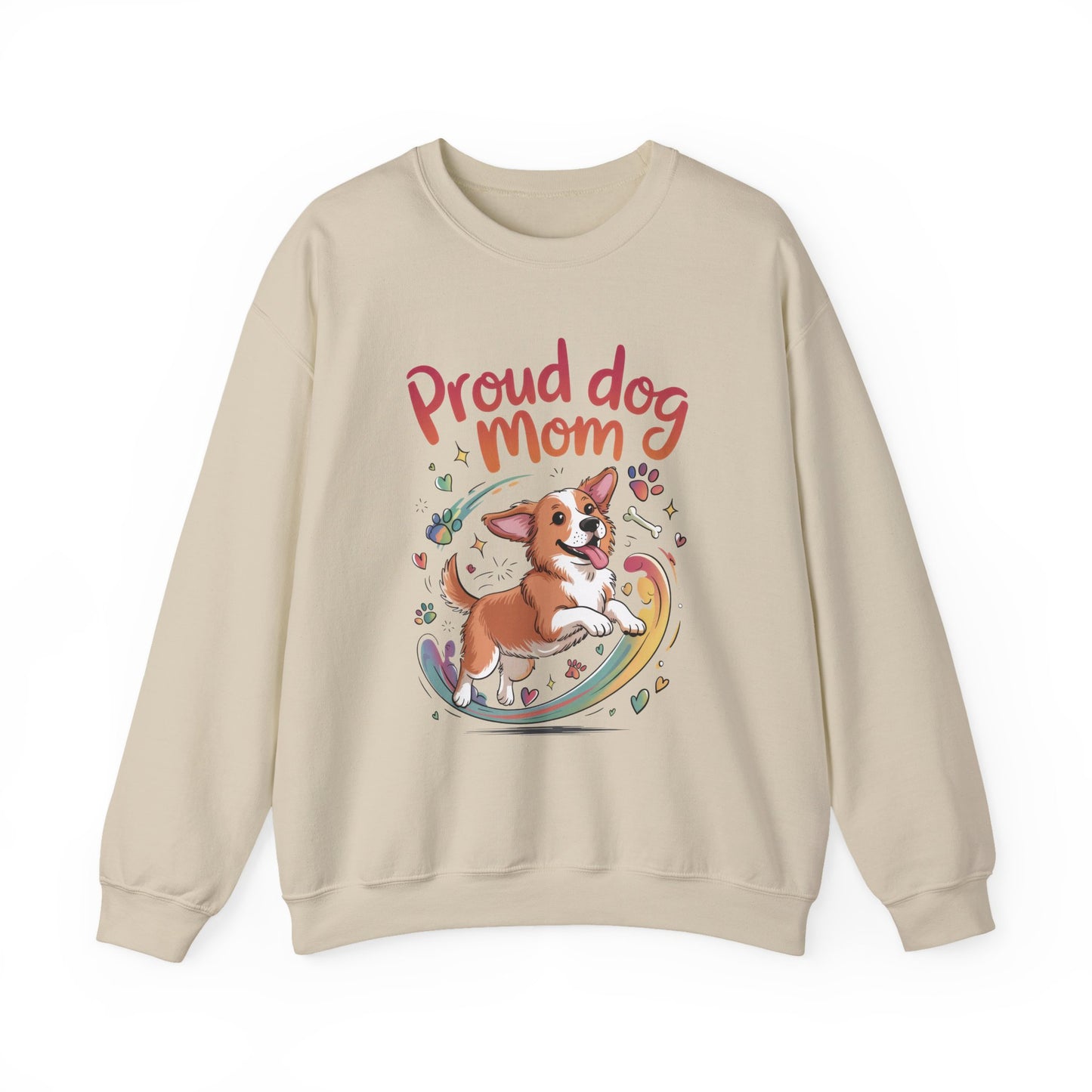 Proud Dog Mom Crewneck Sweatshirt, Pet Lover Gift, Dog Mom Apparel, Animal Lover Clothing, Gift for Dog Moms, Puppy Paw Rainbow Print