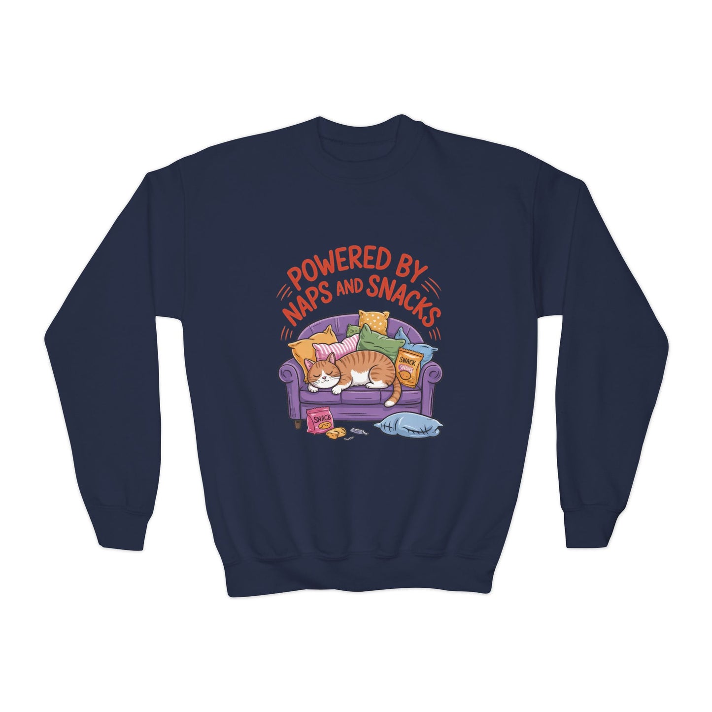 Youth Sweatshirt - Powered by Naps and Snacks, Cozy Apparel for Kids, Perfect for Chill Days, Gift for Cat Lovers, Funny Sweatshirt