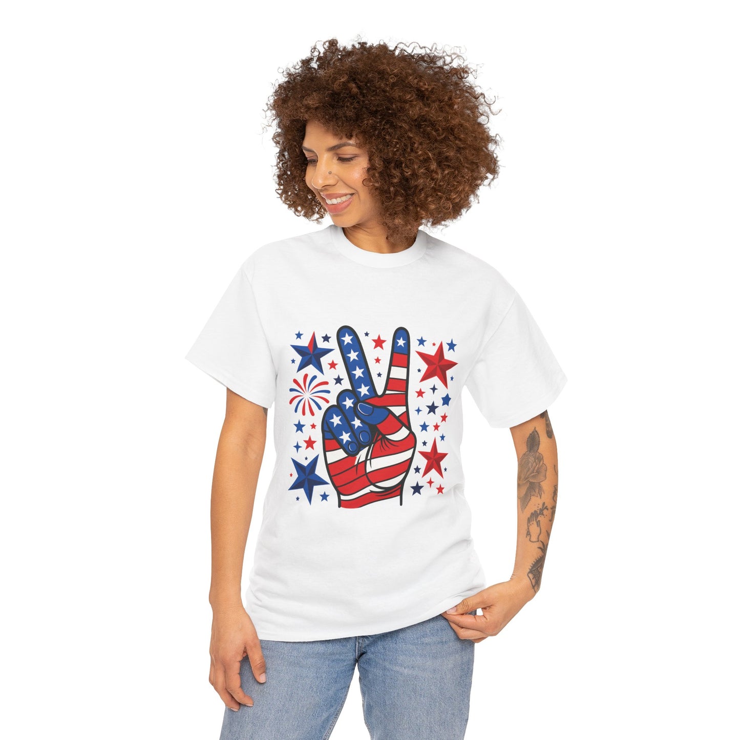 Patriotic Peace Hand Unisex Heavy Cotton Tee - Ideal for July 4th, Independence Day, Celebrations, Casual Wear, Everyday Style