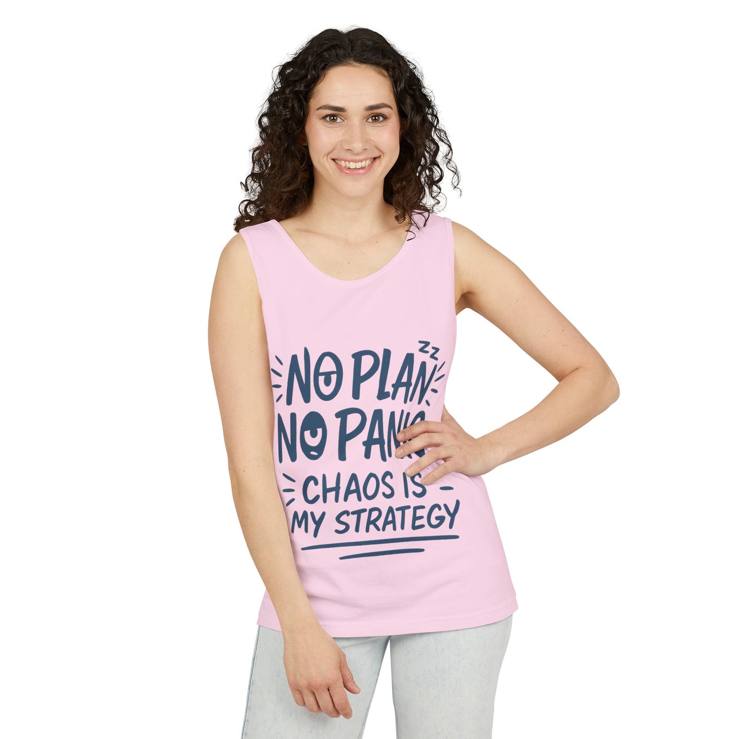 Funny Women's Tank, Chaos Strategy T-Shirt, No Plan No Panic Quote Shirt, Cute Tee for Women, Humorous Gift Idea, Casual Relaxed Fit Top
