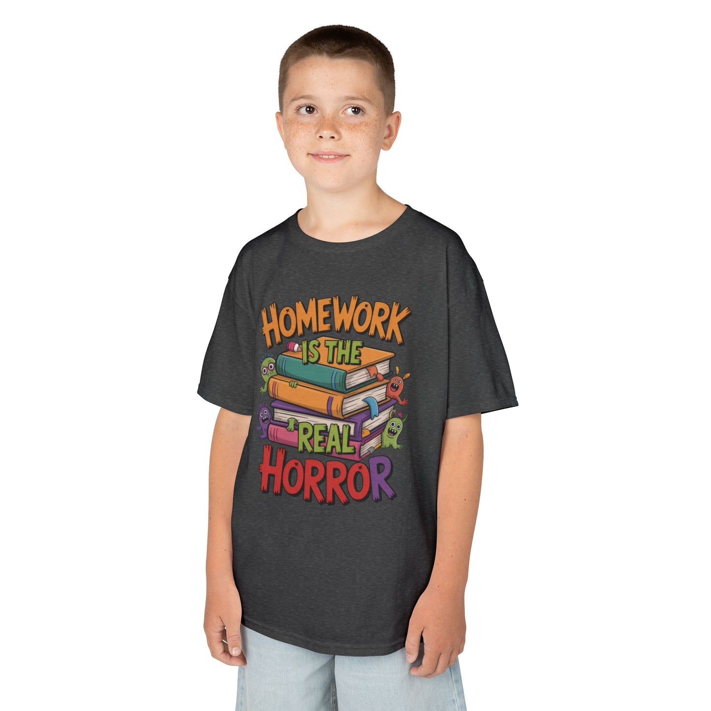 Kids Funny Homework Tee, Cute Monster School Shirt, Homework Is the Real Horror, Back to School Gift for Boys & Girls, Kids Halloween Tee