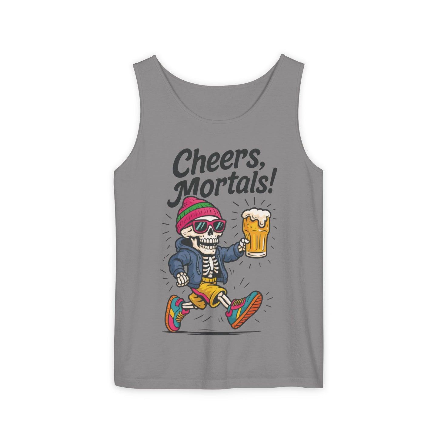 Cheers Mortals! Mens Tank Top, Funny Skeleton Beer Graphic Tee, Drinking Humor Shirt, Party Gift for Him, Halloween Tank, Beer Lovers Gift