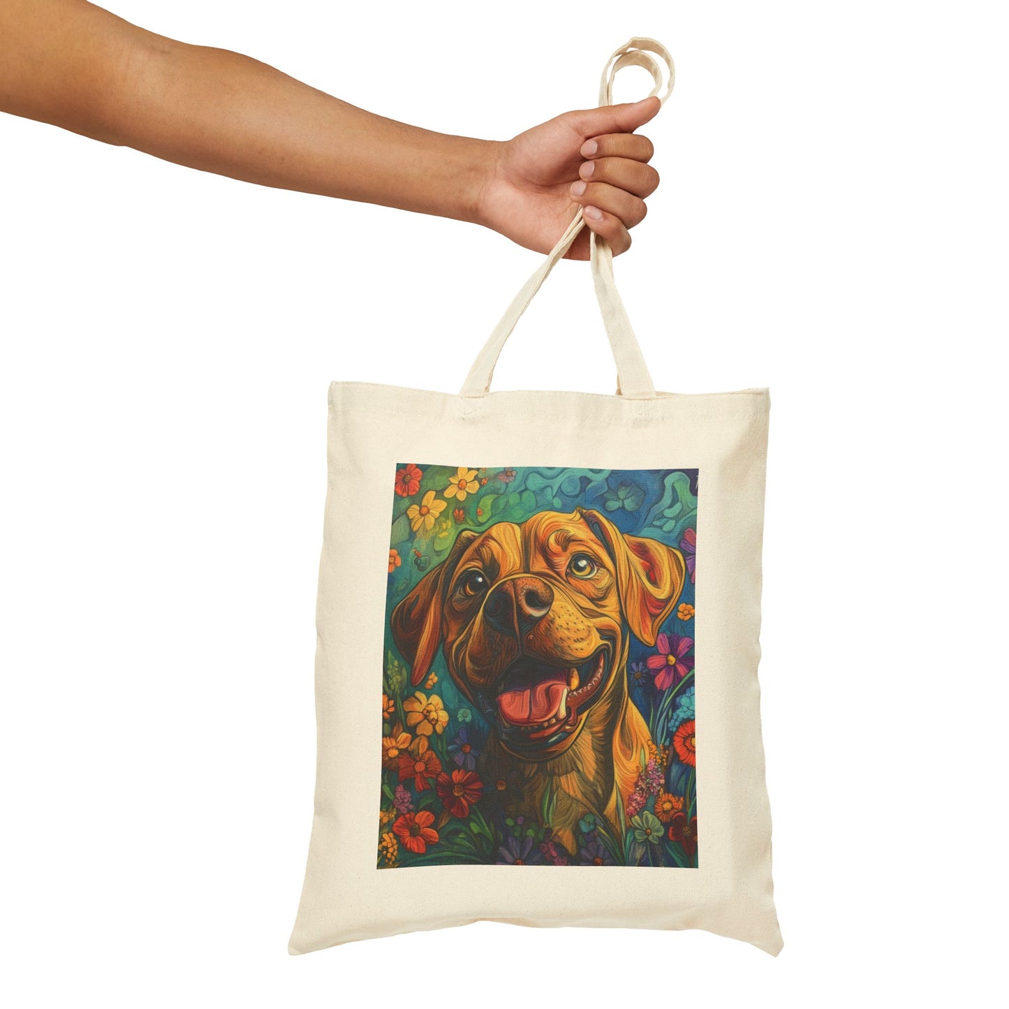 Colorful Dog Art Cotton Canvas Tote Bag, Eco-Friendly Shopping Bag, Pet Lover Gift, Flower Design, Reusable Grocery Tote, Animal Lover