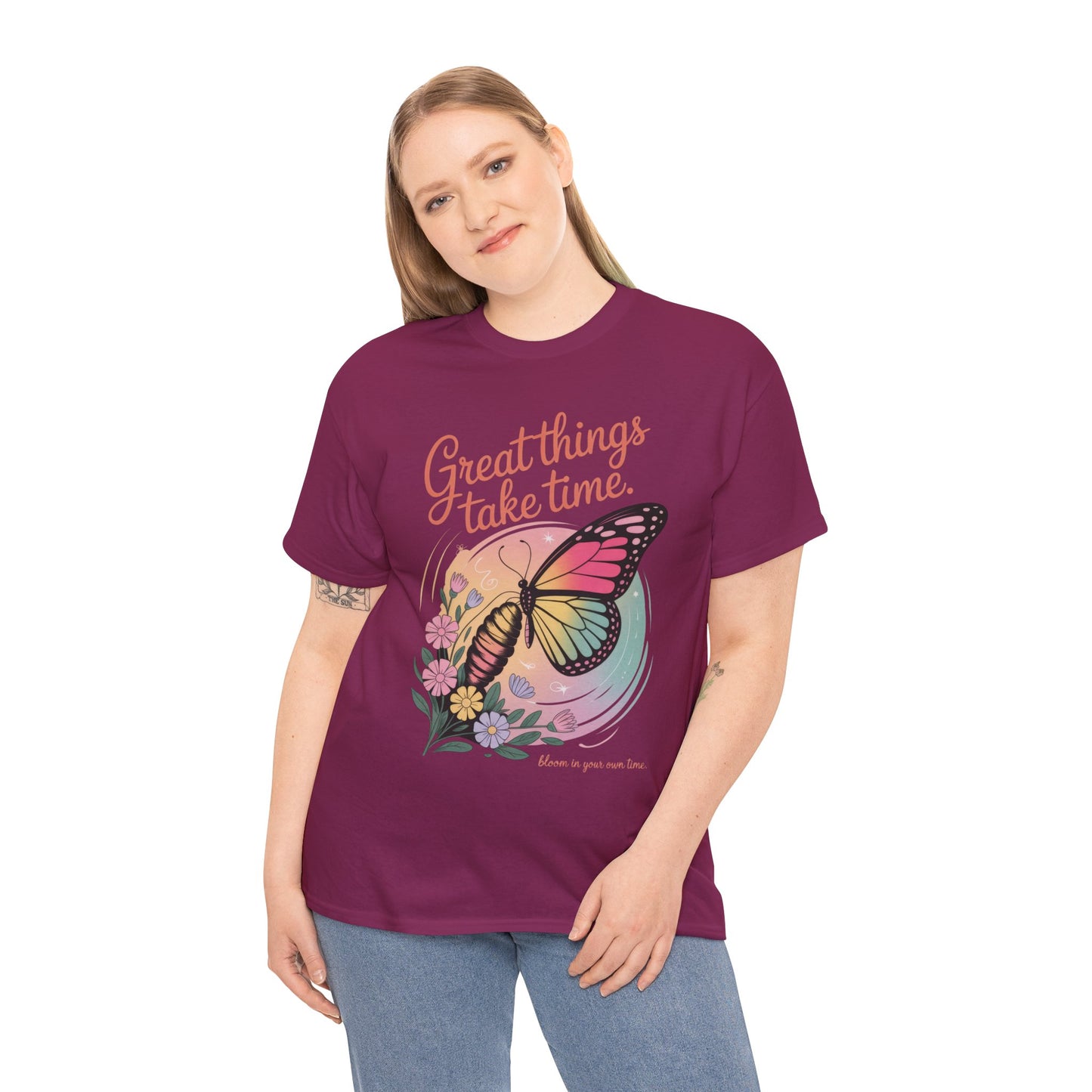 Butterfly Motivational Women's Heavy Cotton Tee, Great Things Take Time Shirt, Gift for Nature Lovers, Inspirational Apparel, Summer Outfit