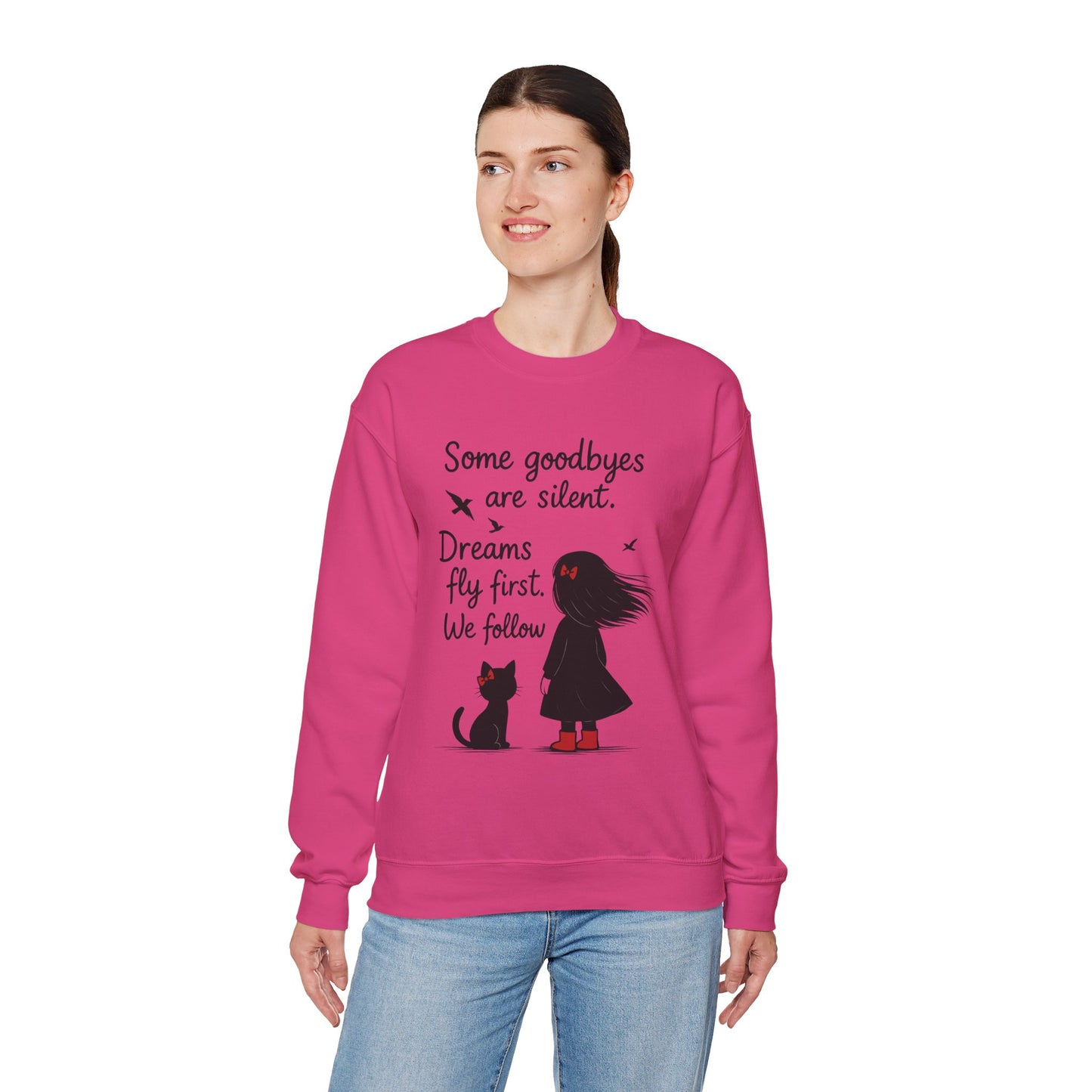 Cozy Farewell Girl & Cat Pullover, Hand Drawn Red Dress Art, Minimalist Womens Crewneck