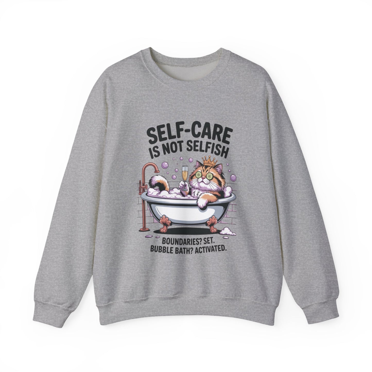 Womens Crewneck Sweatshirt, Self-Care Cat Shirt, Funny Cat Tee, Relaxing Kitty Graphic, Self Care Is Not Selfish Womens Sweatshirt