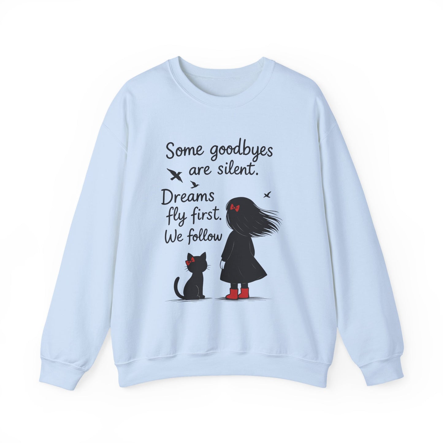 Cozy Farewell Girl & Cat Pullover, Hand Drawn Red Dress Art, Minimalist Womens Crewneck