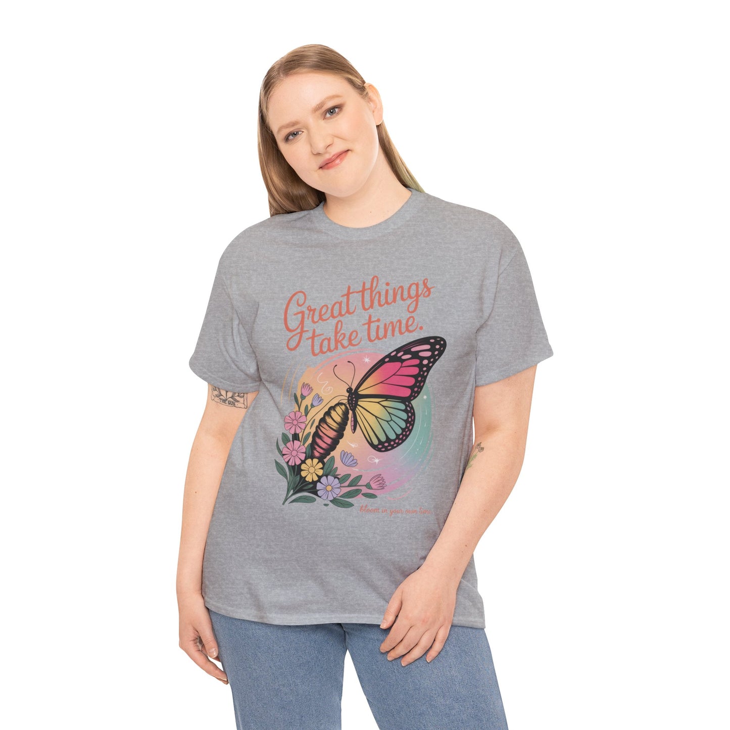 Butterfly Motivational Women's Heavy Cotton Tee, Great Things Take Time Shirt, Gift for Nature Lovers, Inspirational Apparel, Summer Outfit
