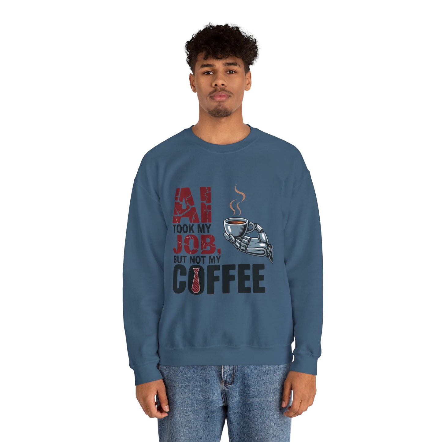 Men's AI Coffee Sweatshirt, Funny Robot Humor Pullover, Geek Sarcastic Job Joke Top, Men's Heavy Blend™ Crewneck Sweatshirt, Office Humor