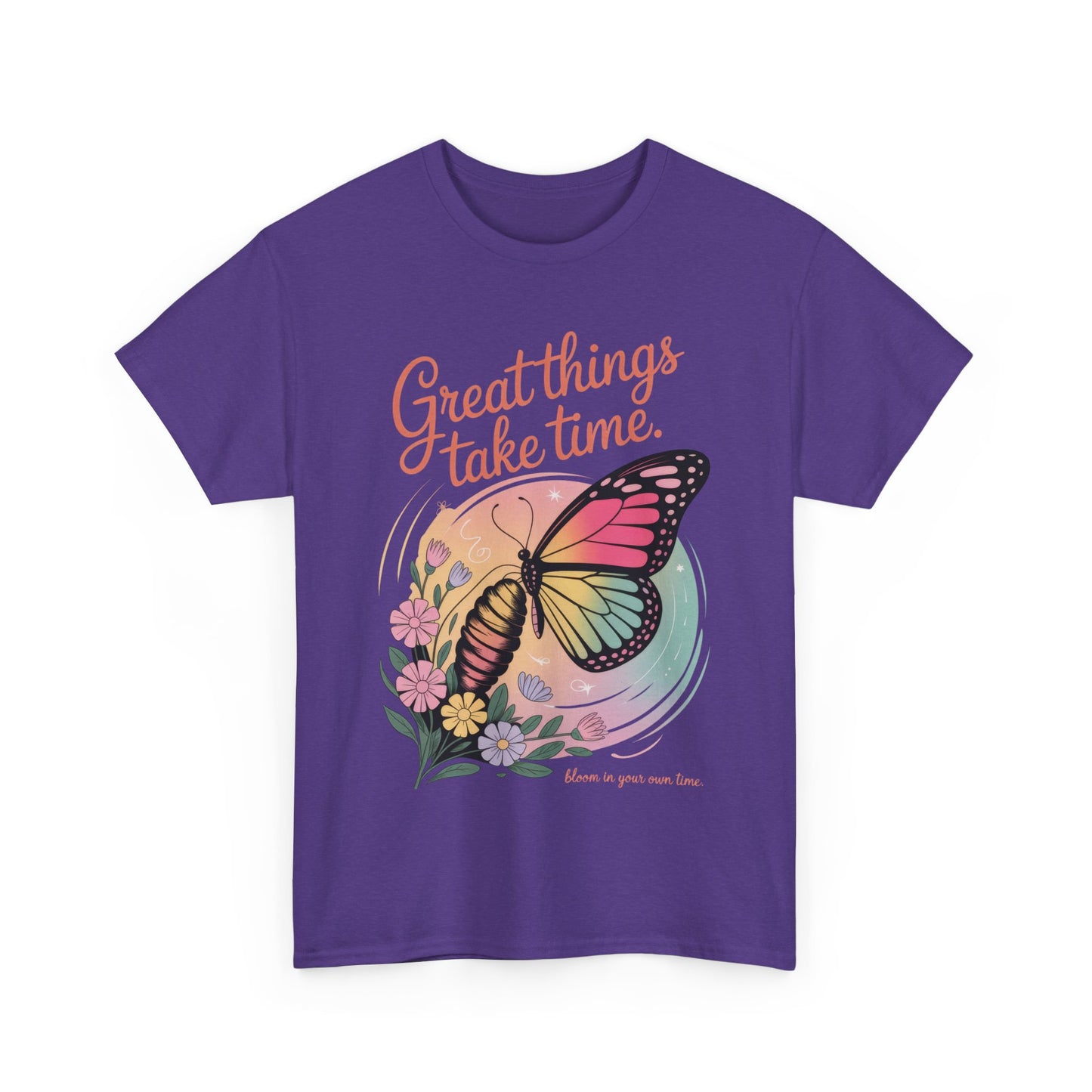 Butterfly Motivational Women's Heavy Cotton Tee, Great Things Take Time Shirt, Gift for Nature Lovers, Inspirational Apparel, Summer Outfit